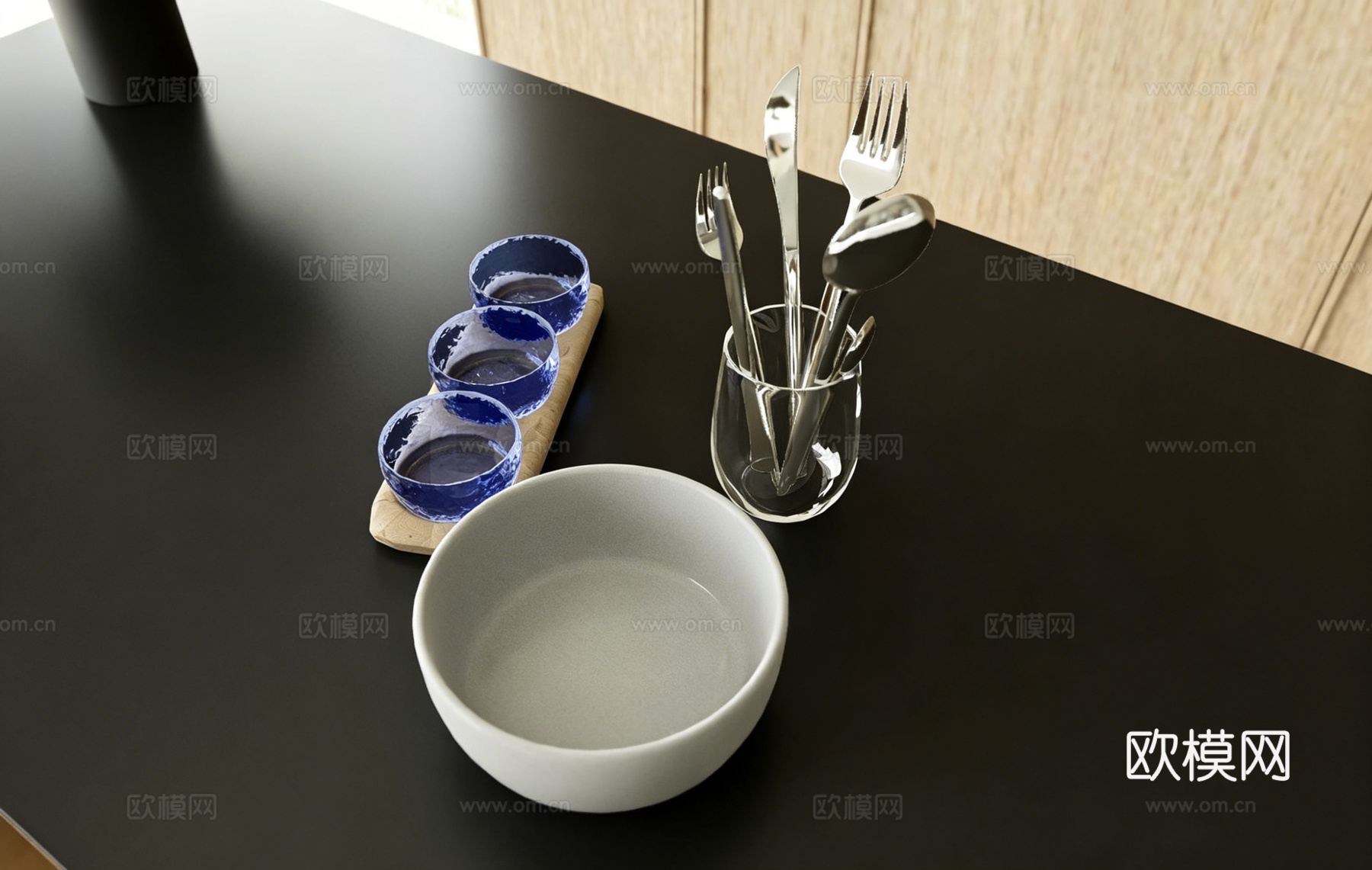 现代ins风厨房餐具静物组合 刀叉杯 蓝白碗 木托盘 黑色台su模型