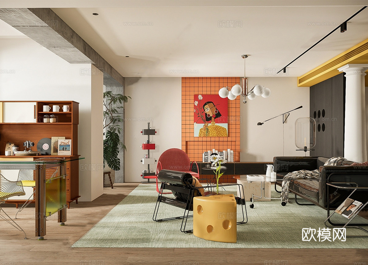 现代家居客厅 现代包豪斯客厅 沙发组合 餐桌 边柜su模型