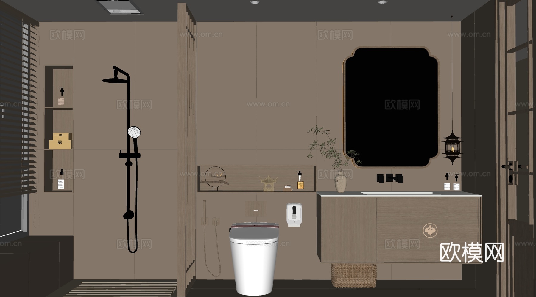 新中式中式卫生间 干湿分离卫生间 卫浴柜 卫浴镜su模型