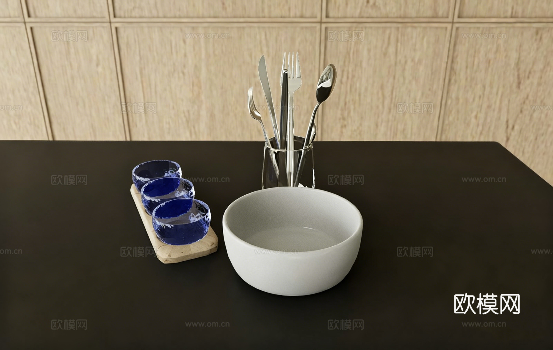 现代ins风厨房餐具静物组合 刀叉杯 蓝白碗 木托盘 黑色台su模型