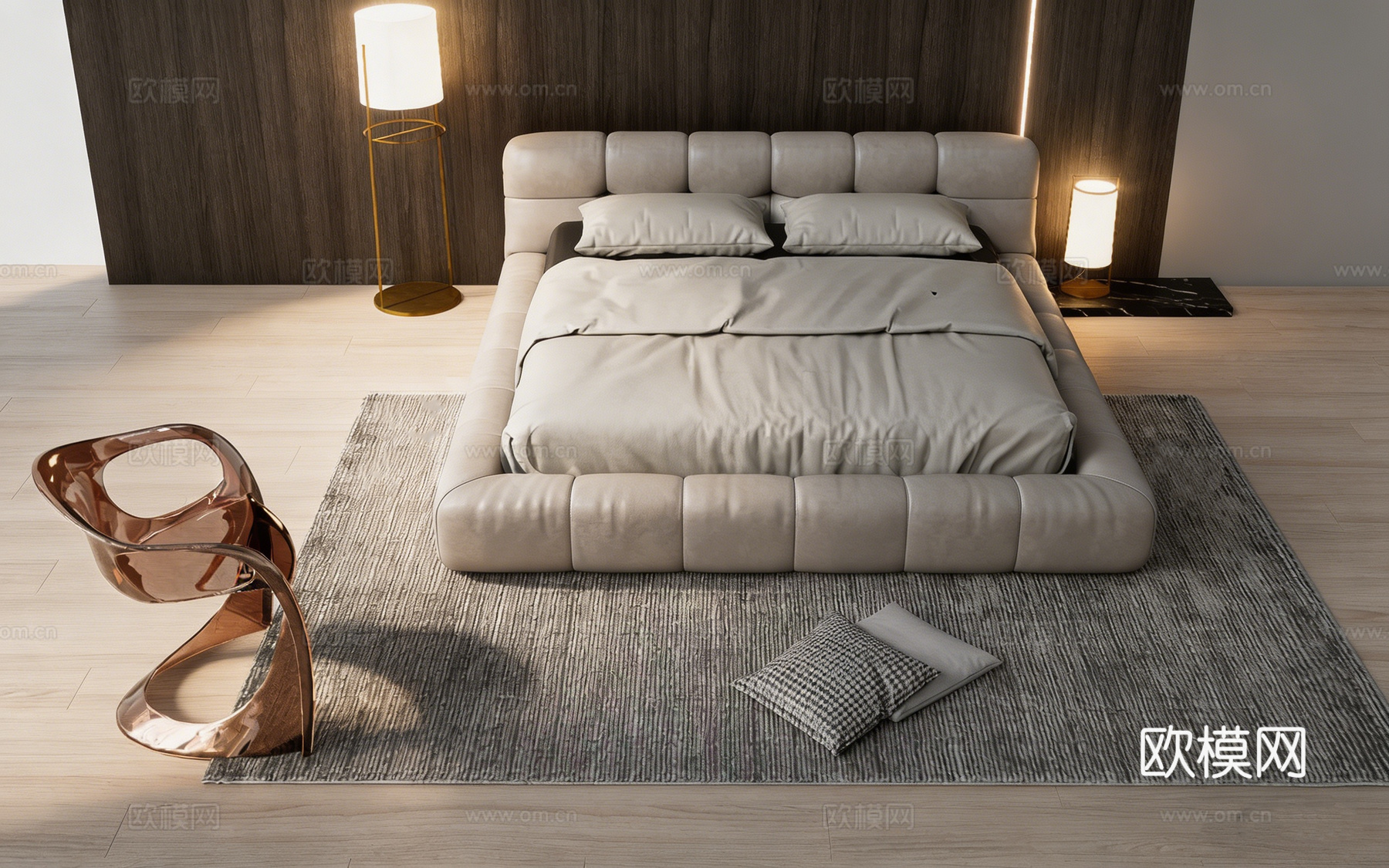 现代简约温馨主卧 方形软包床 玫瑰金椅 金色落地灯 木饰背景su模型