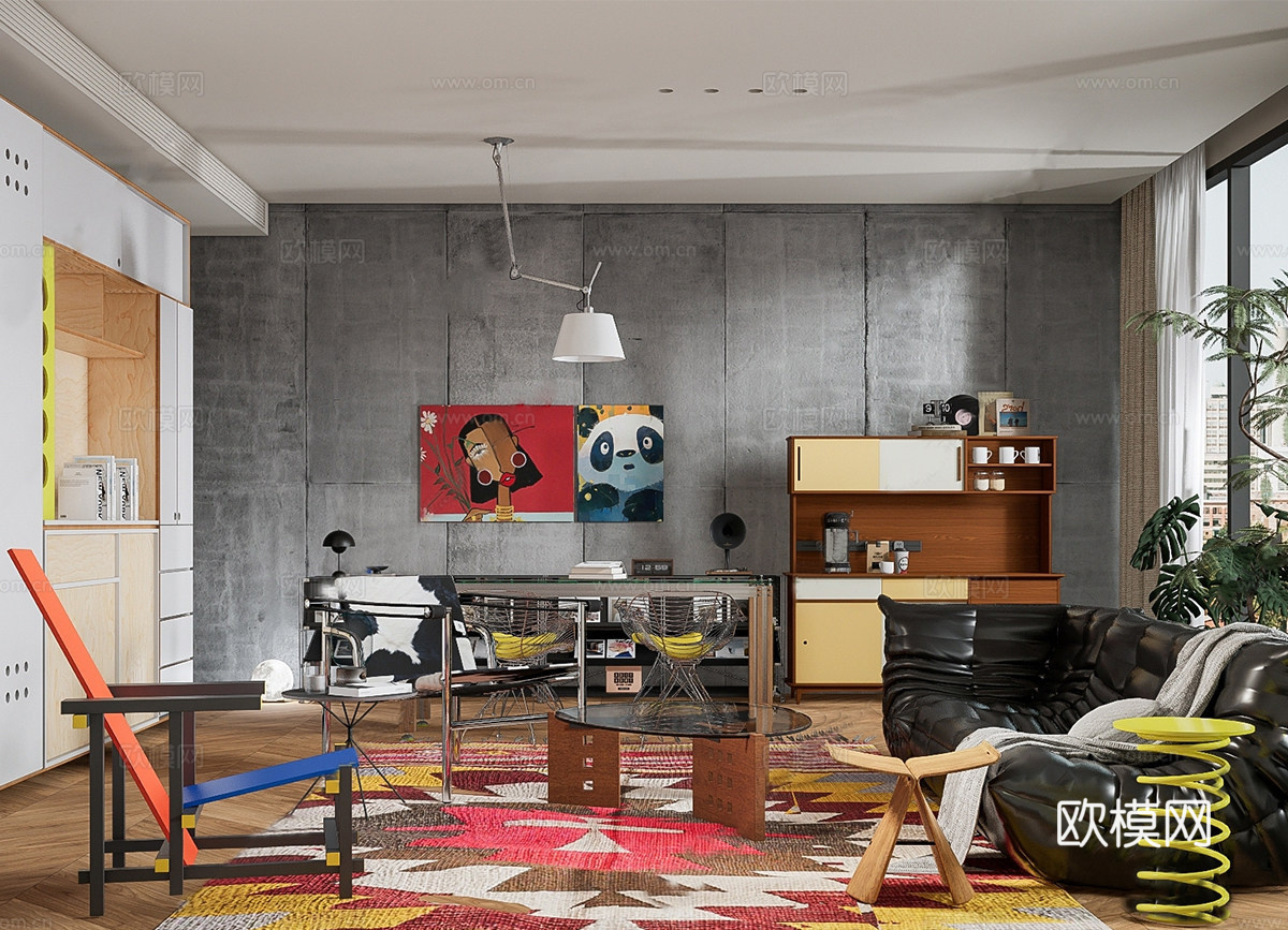 现代家居客厅  包豪斯客餐厅 中古沙发组合 餐桌su模型