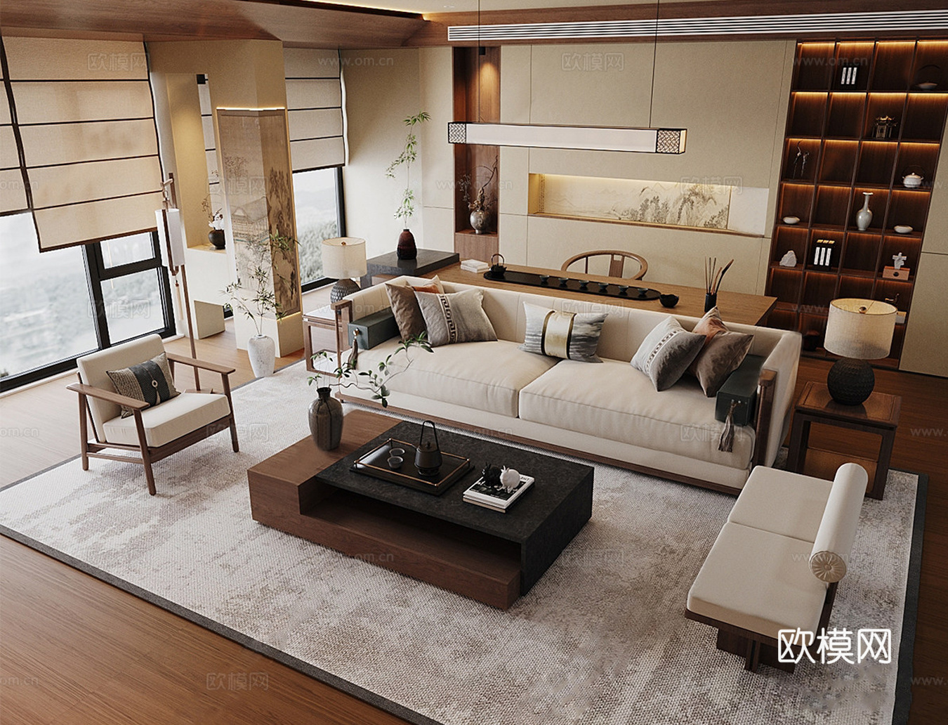 新中式家居客厅 会客室 宋式客厅 沙发组合 沙发背景墙su模型