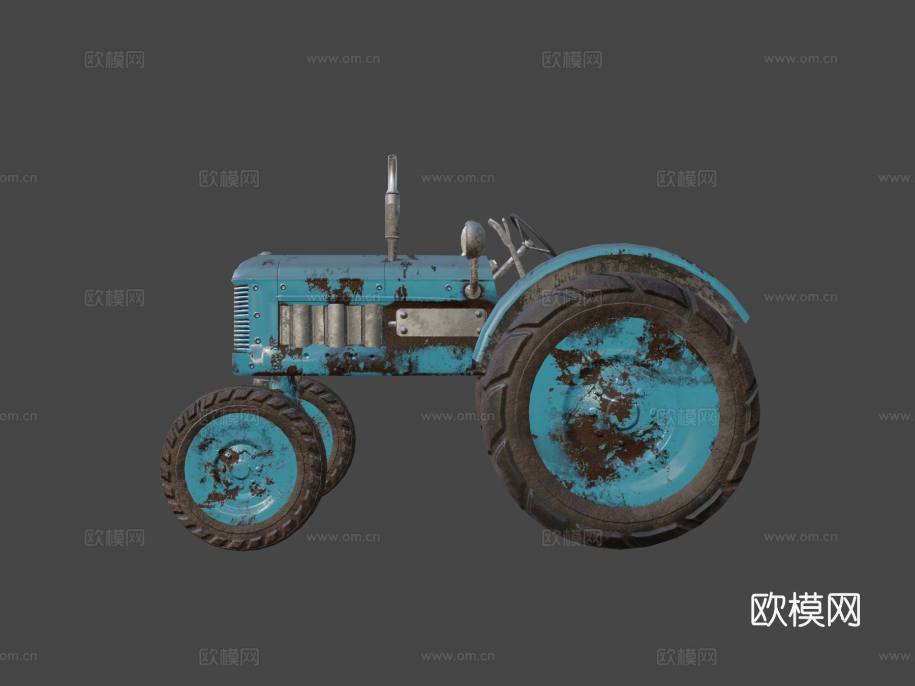 蓝色旧拖拉机游戏就绪低多边形PBRsu模型