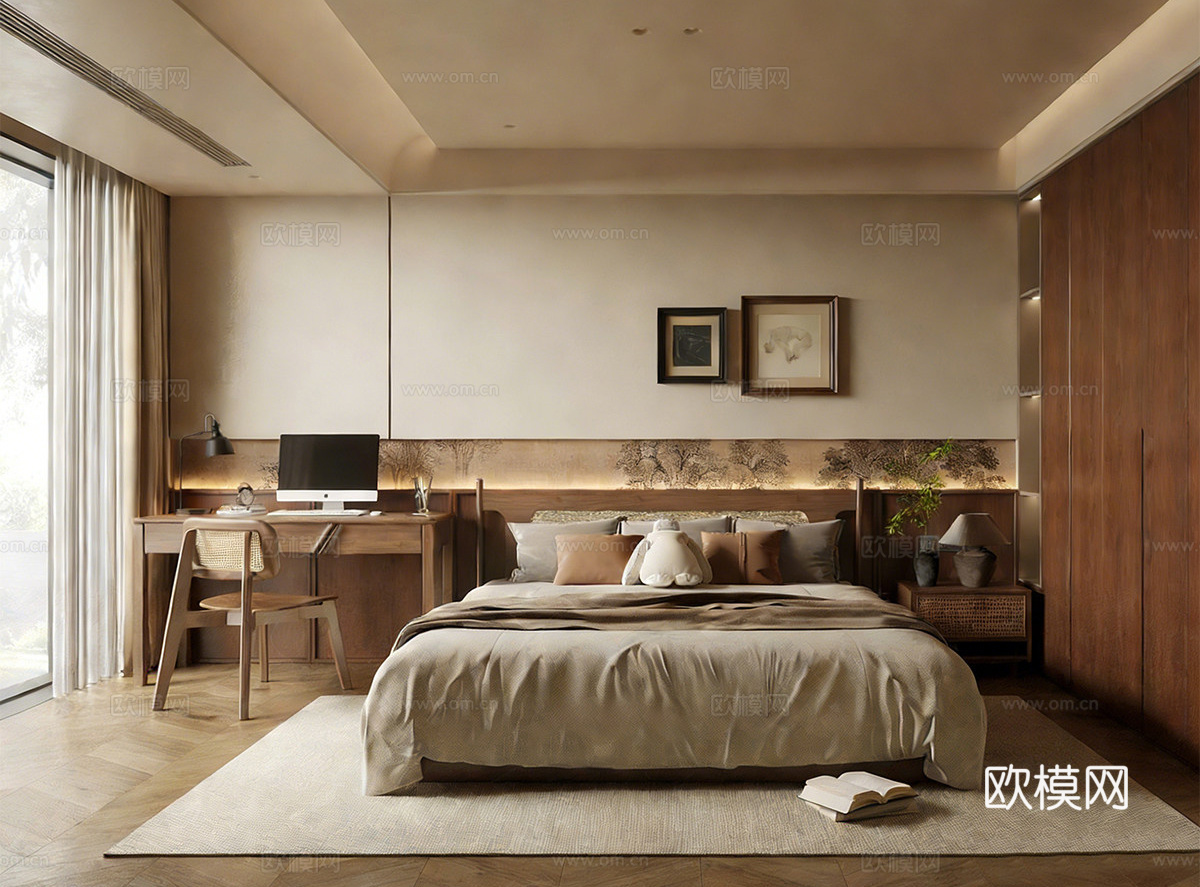 侘寂中古家居卧室 双人床 衣柜su模型