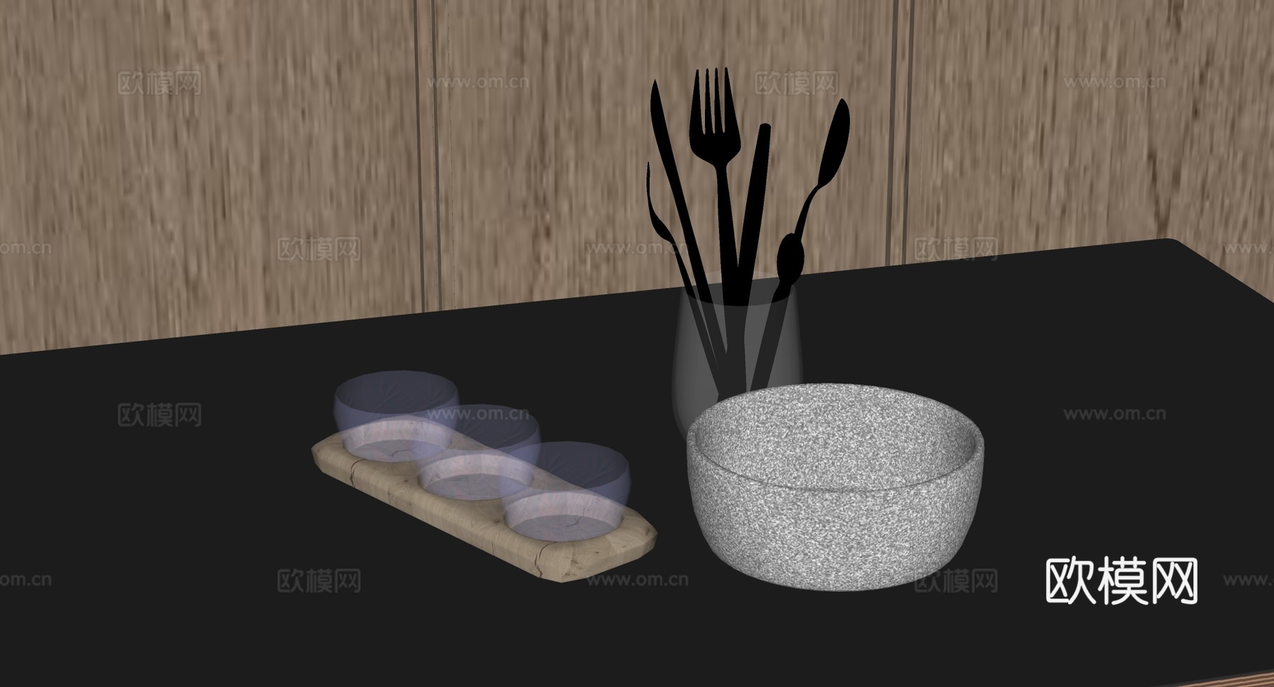 现代ins风厨房餐具静物组合 刀叉杯 蓝白碗 木托盘 黑色台su模型