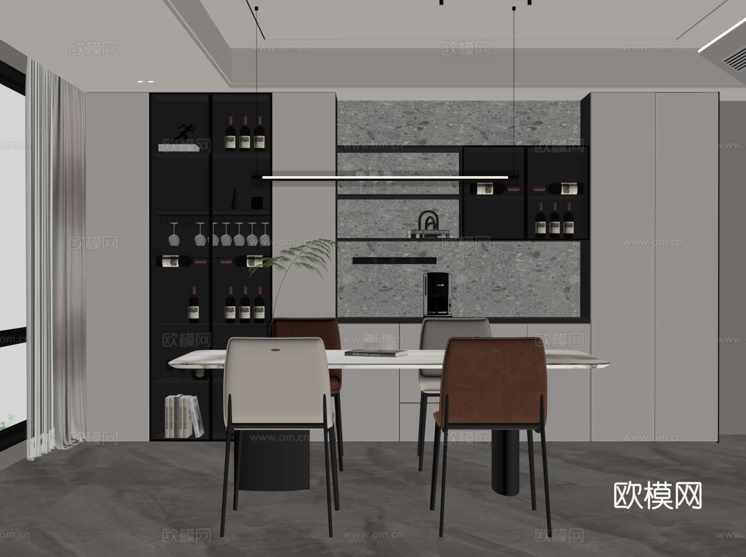 现代意式餐厅 餐边柜 餐桌椅su模型
