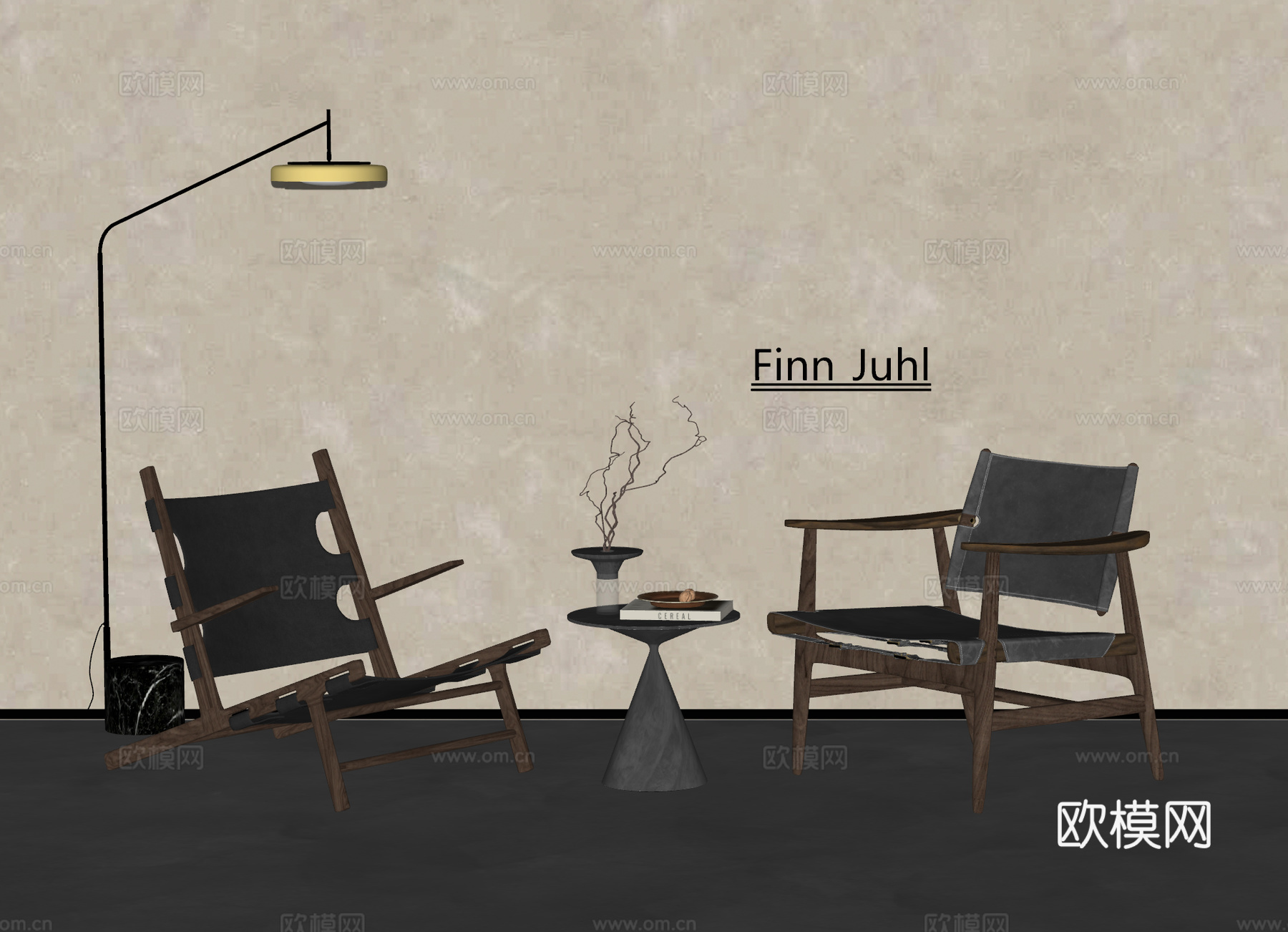 侘寂中古风狩猎椅组合 沙发椅 边几 休闲桌椅 实木皮革休闲椅su模型