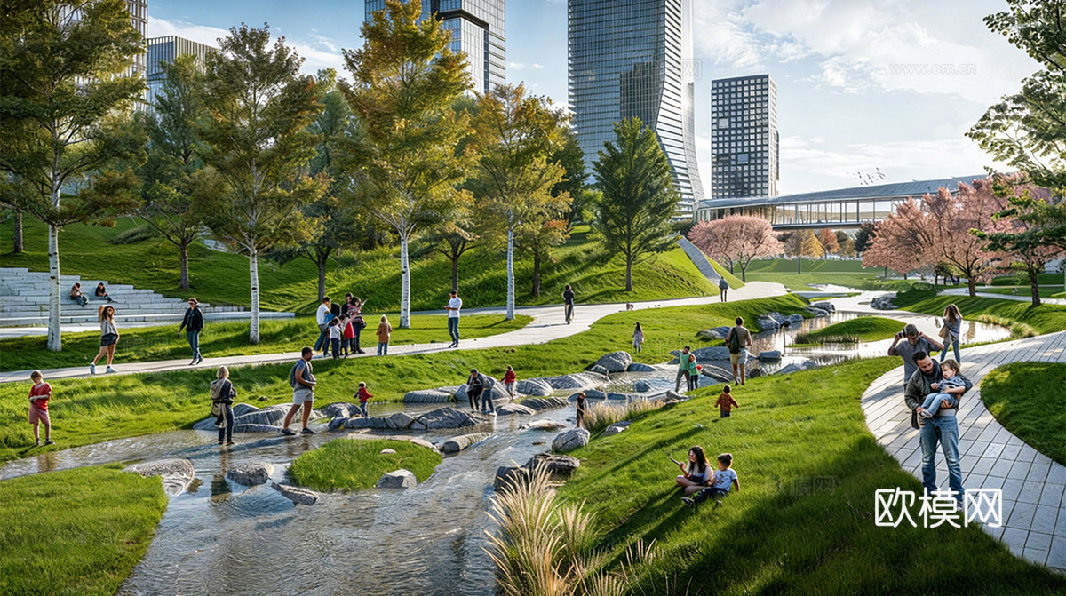 现代滨水景观 湿地公园 旱溪亲水溪流su模型