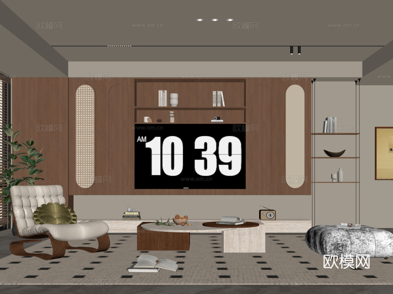 侘寂中古风客厅 电视柜 休闲椅 茶几su模型