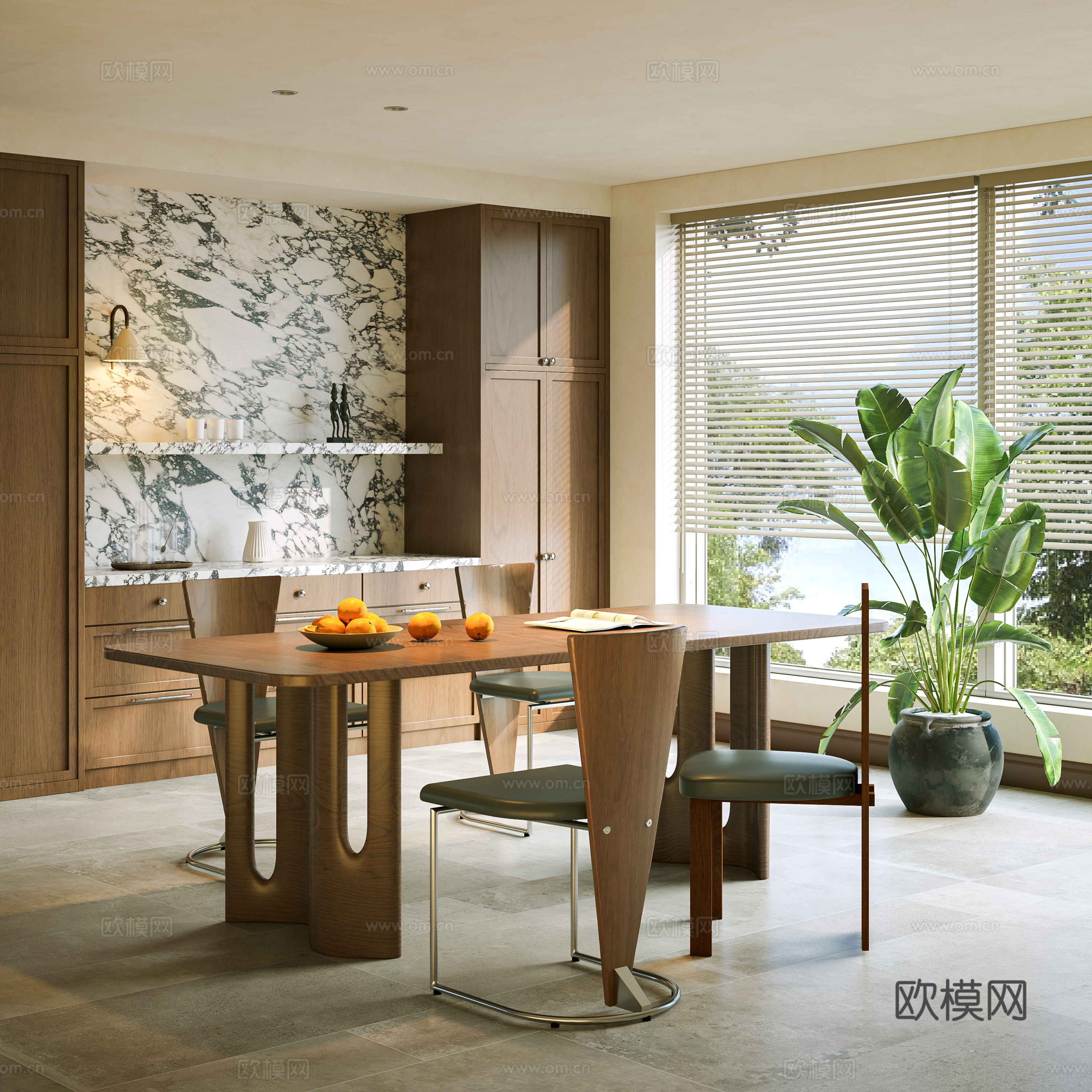 现代中古风餐厅 餐桌椅组合 长形餐桌椅 中古风餐椅 盆栽 单su模型