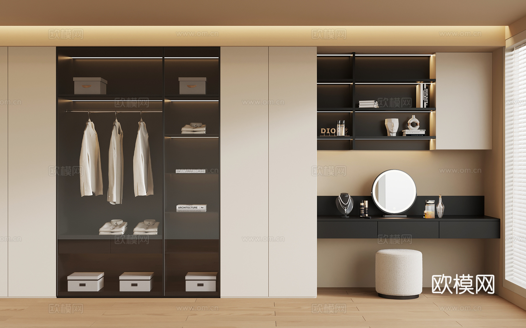 现代衣帽间 衣柜 梳妆台su模型