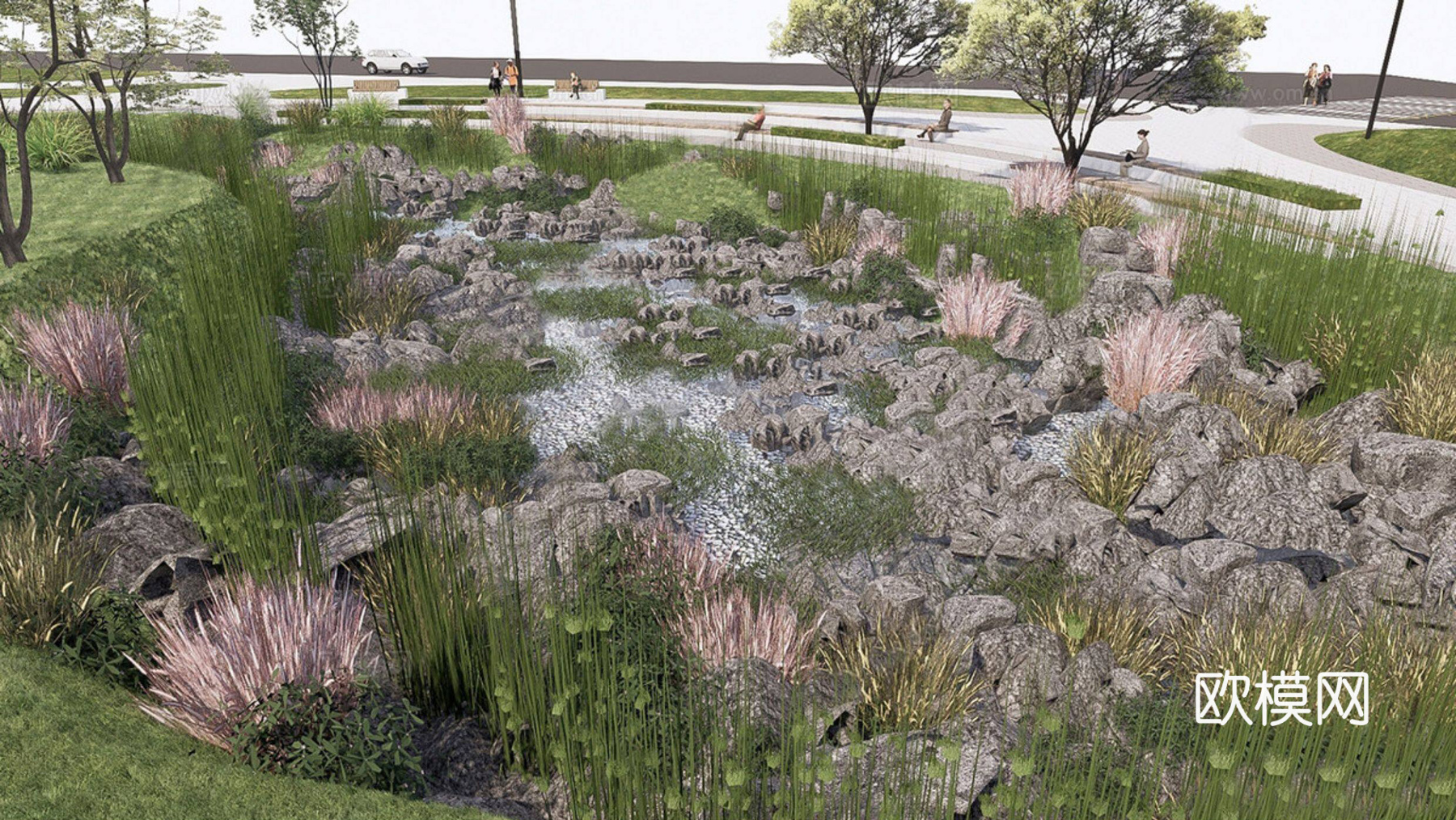 现代景观石头小品 雨水花园 滩涂湿地su模型