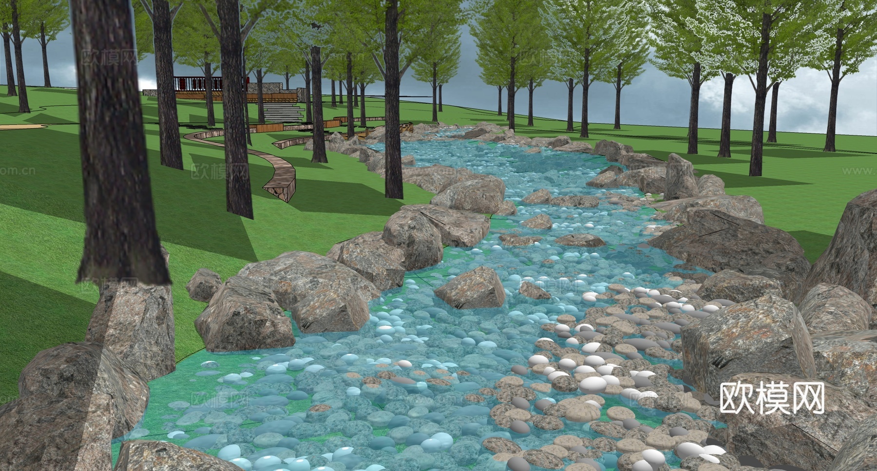 现代水景 自然溪流 小溪 自然驳岸 公园水景su模型