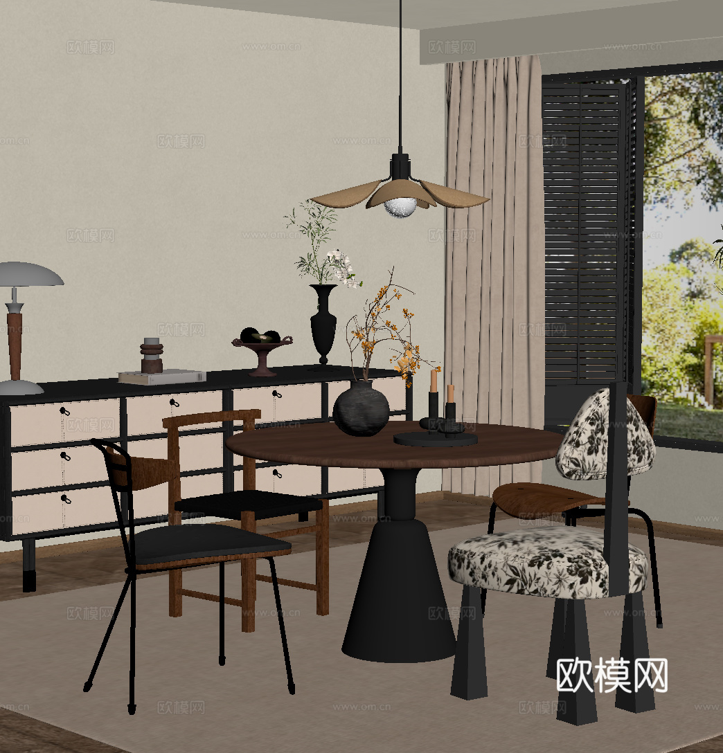 法式中古餐厅 餐桌椅 休闲桌椅 餐边柜su模型