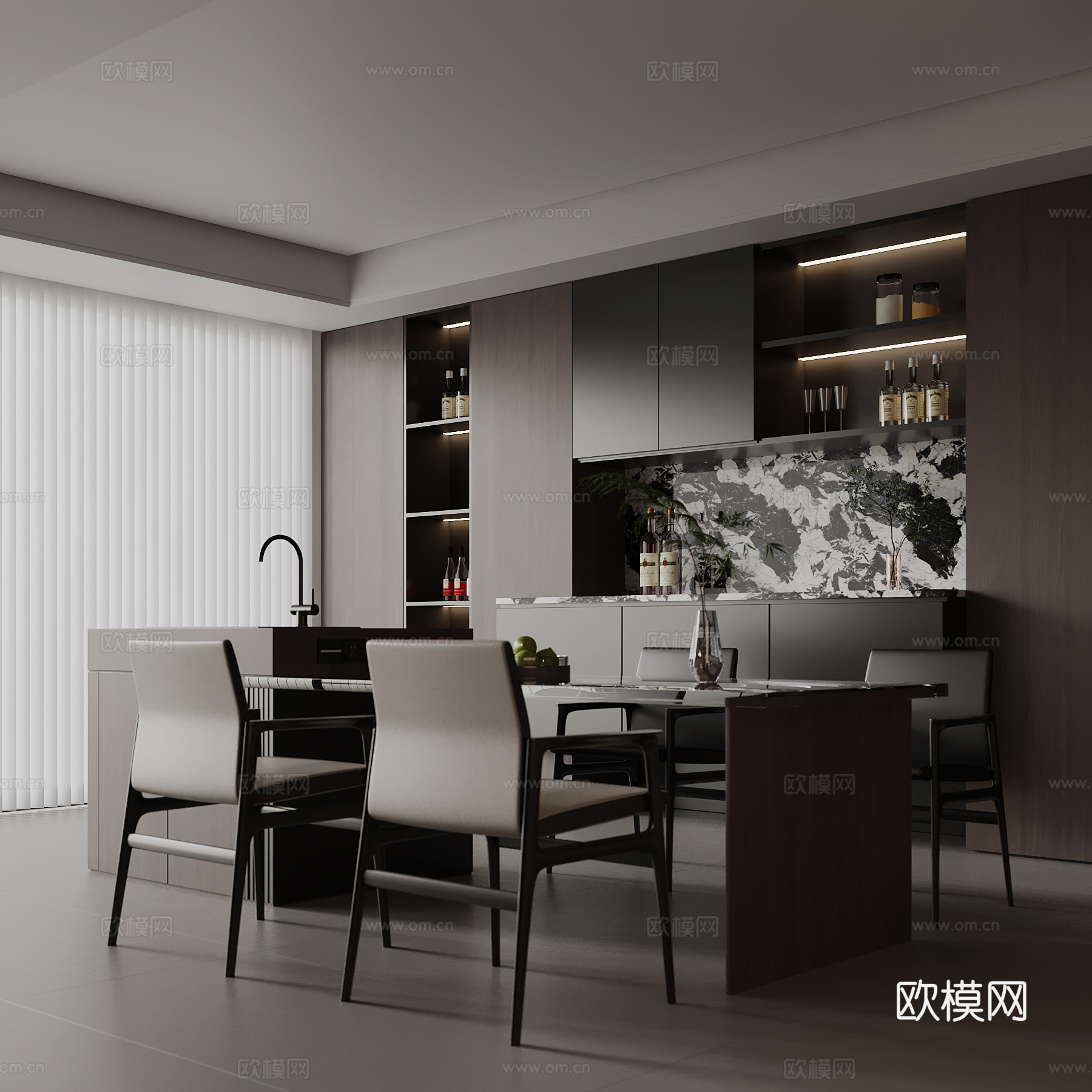 现代意式餐厅 餐边柜 餐桌椅 岛台su模型