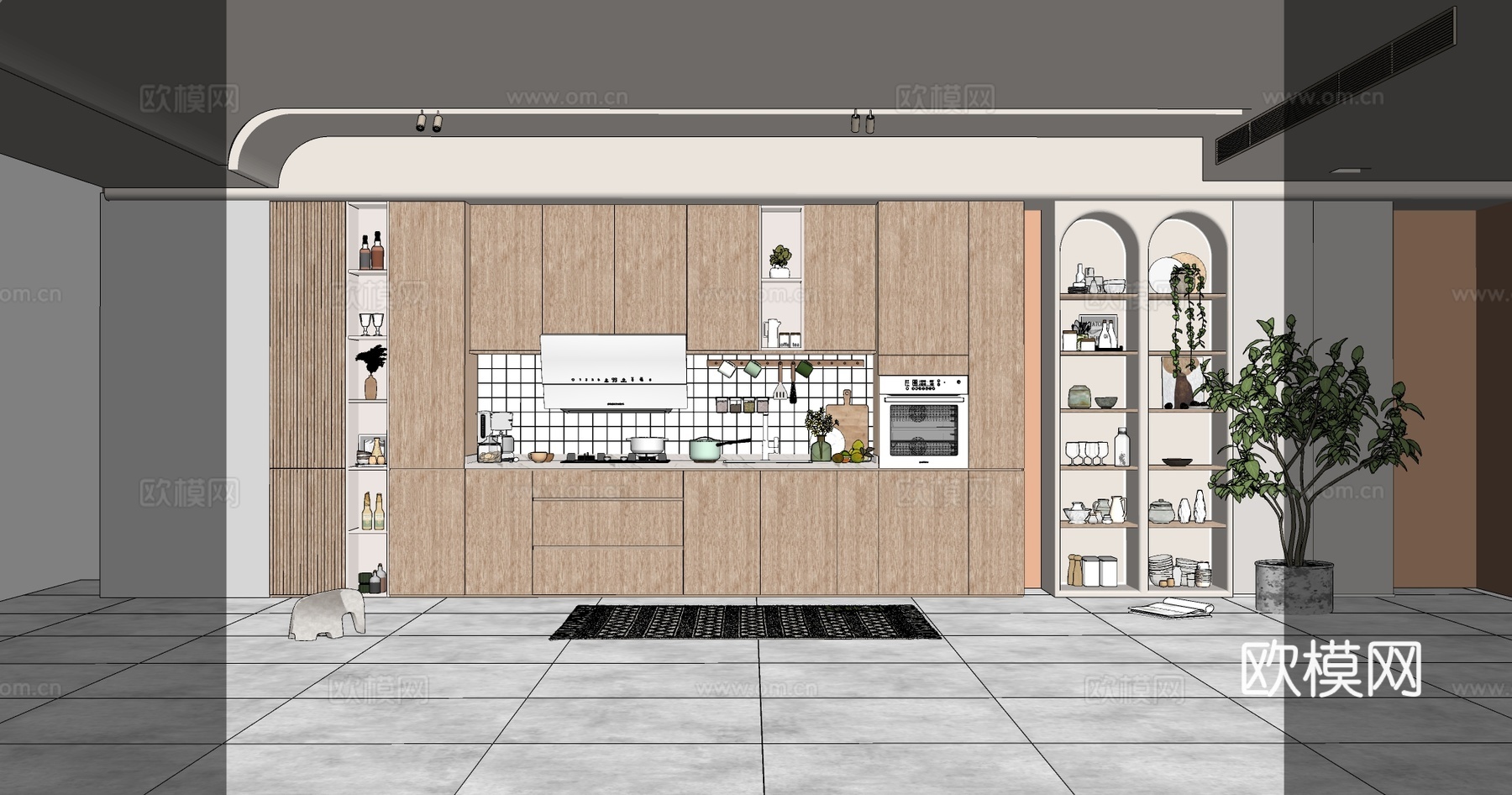 现代简约浅木色温馨厨房 橱柜拱形架 方格砖厨具软装 厨房设计su模型