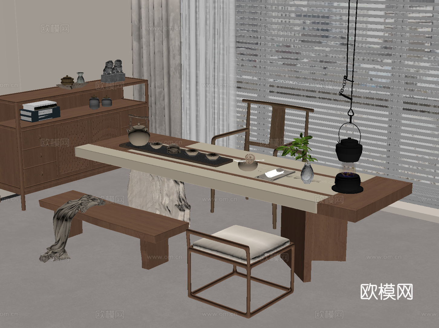 侘寂中古茶室 茶桌椅 茶柜su模型
