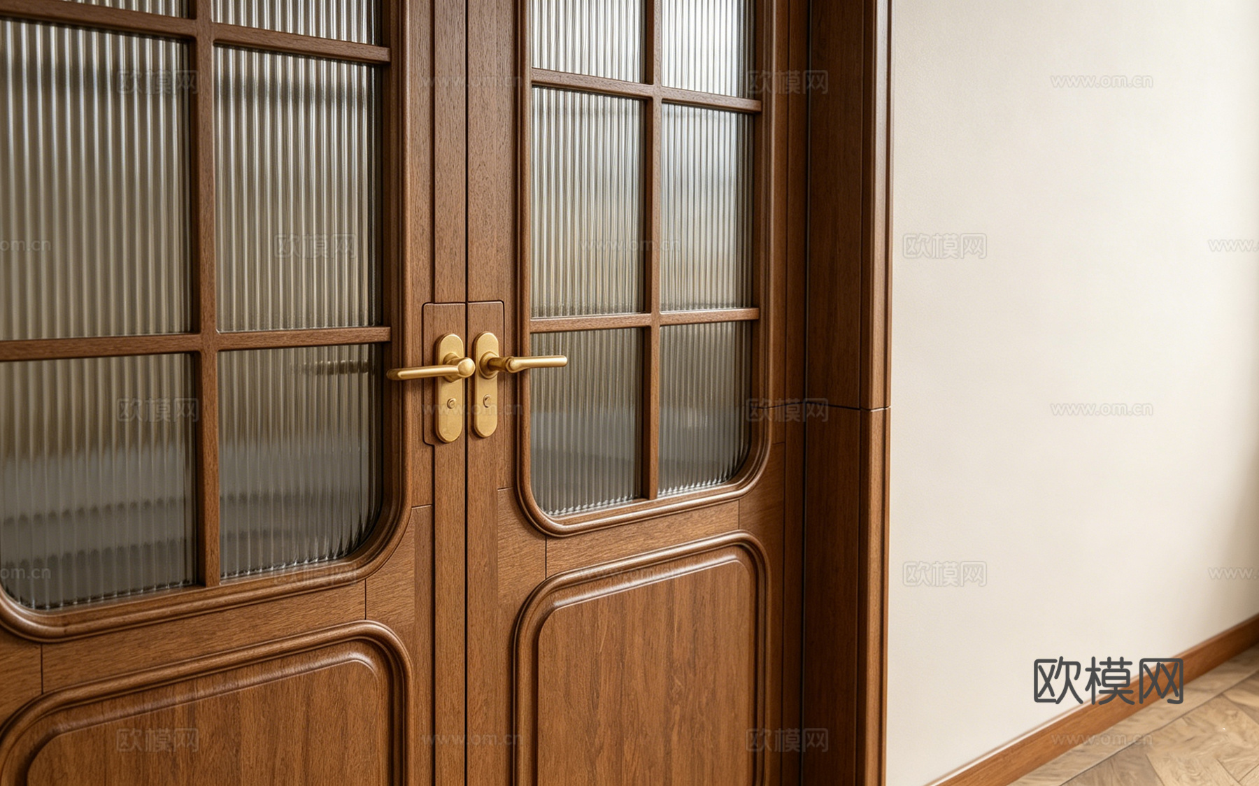 法式轻奢双开木门套装 浅棕深棕雕花 木门款式库 双开门套装su模型