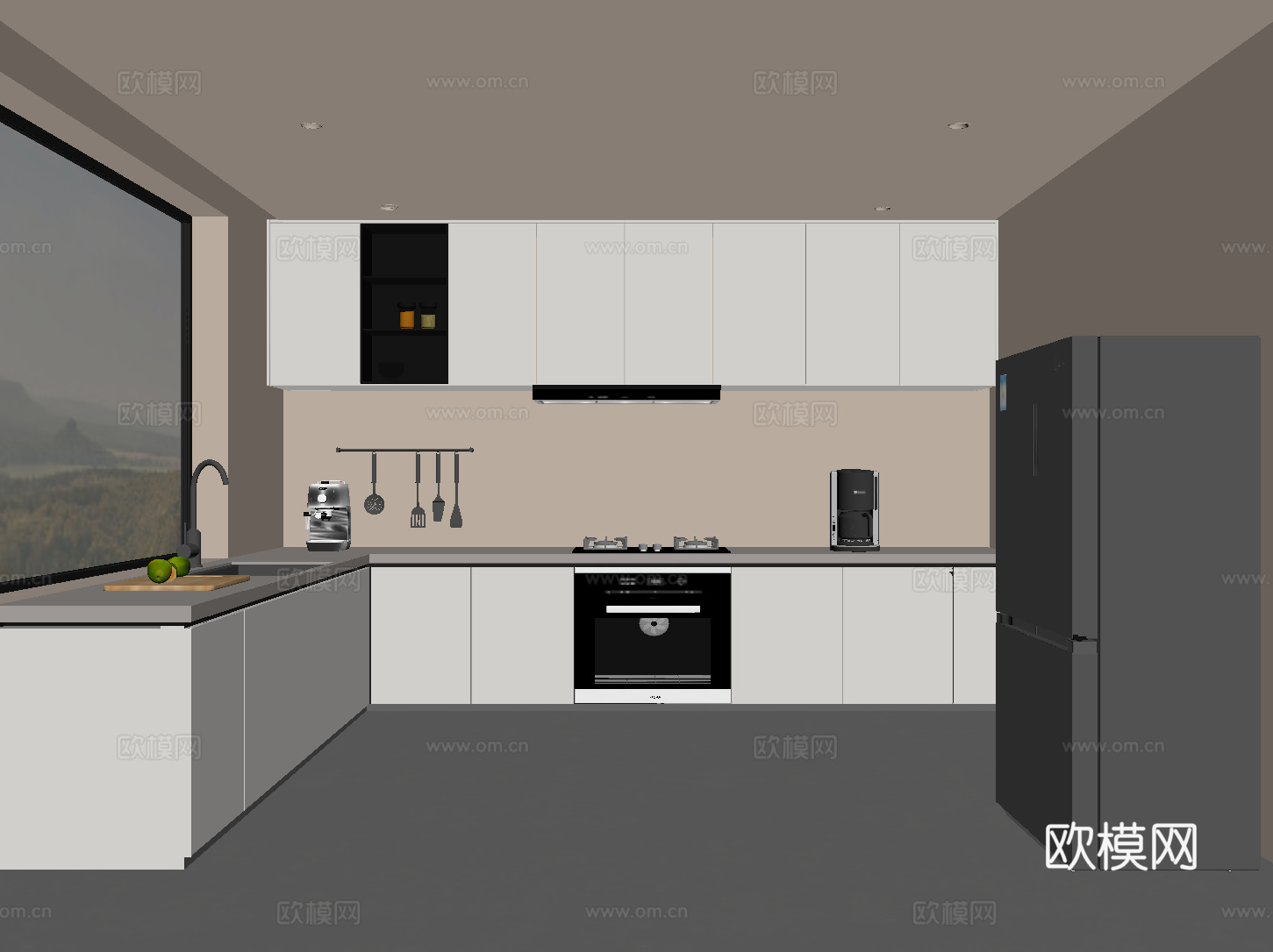 现代意式厨房 橱柜 冰箱su模型