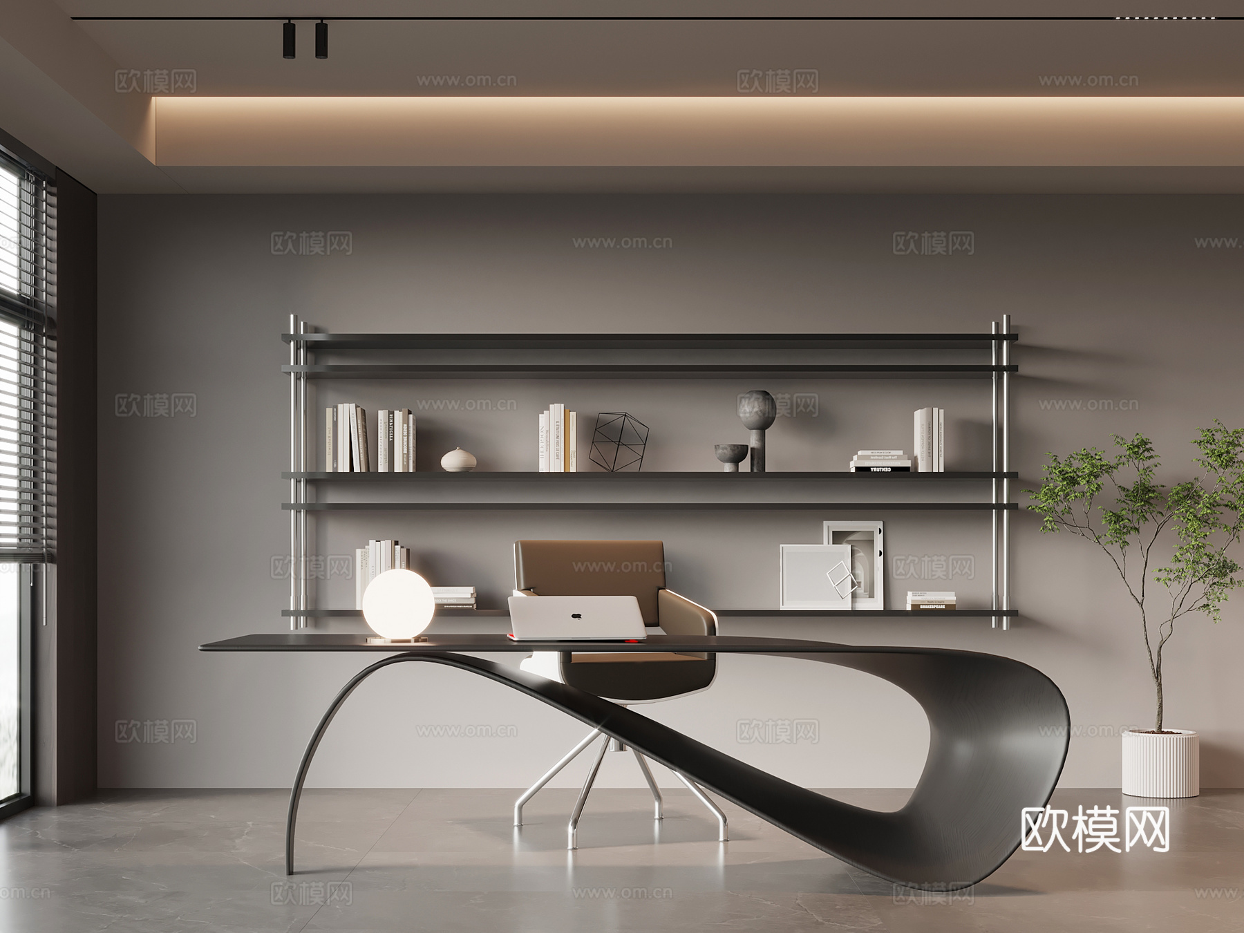 现代意式书房 书桌椅 书架su模型