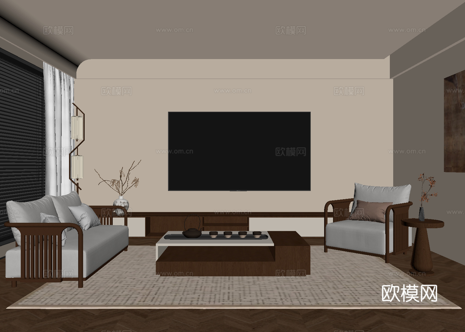 新中式客厅 双人沙发 休闲椅 茶几 电视柜su模型