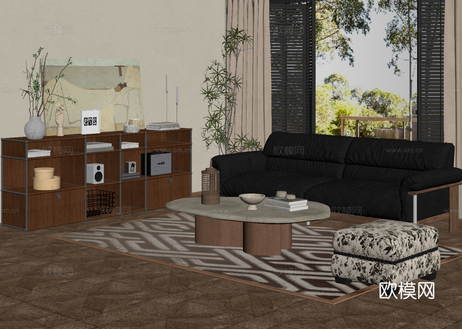 侘寂中古客厅 法式客厅 边柜 三人沙发su模型