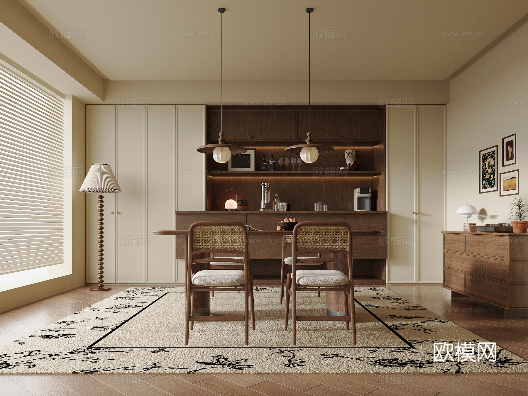 中古风餐厅 餐桌椅 餐柜su模型