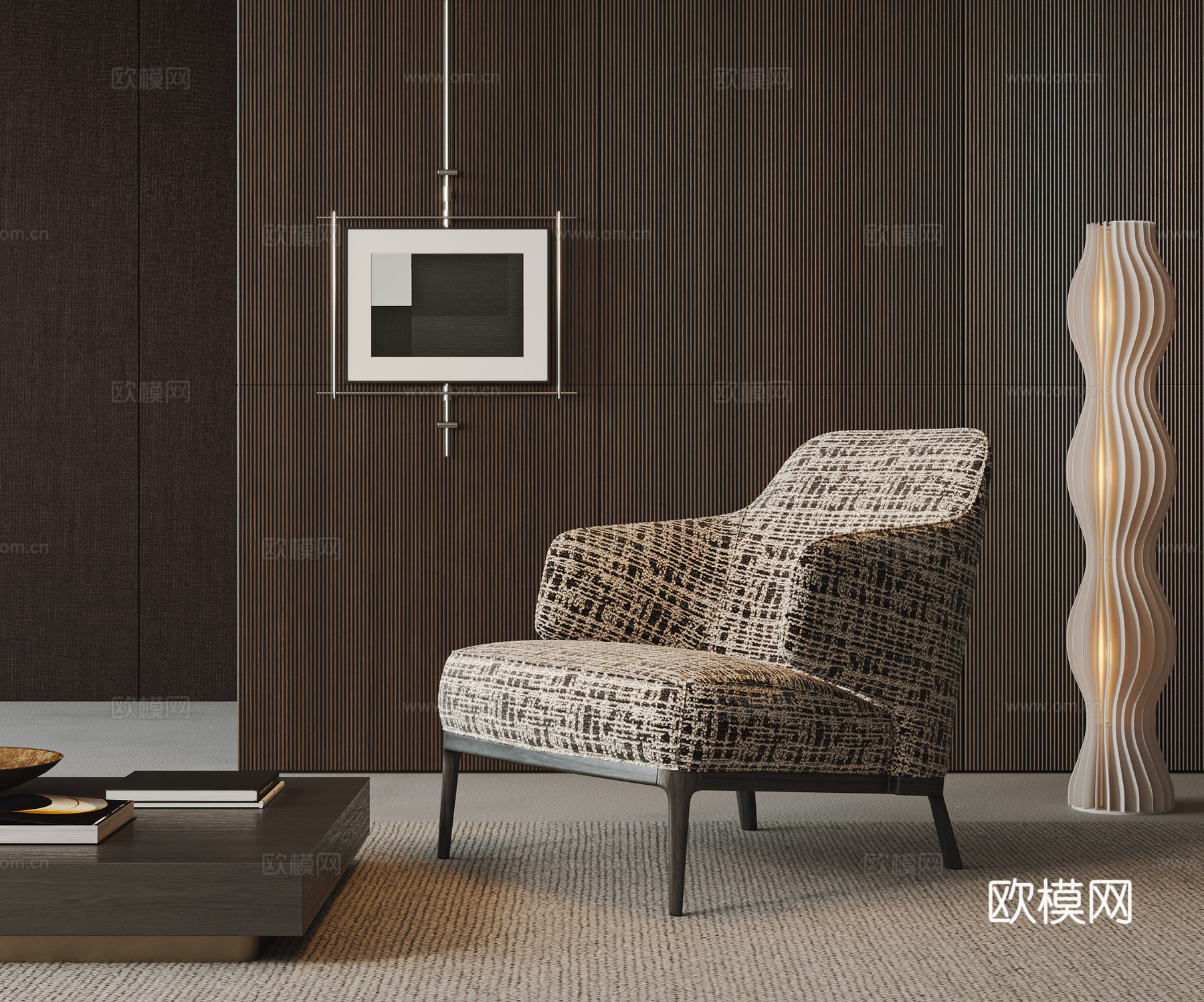 MINOTTI 现代意式休闲椅 单人沙发 沙发椅 茶几 挂画su模型