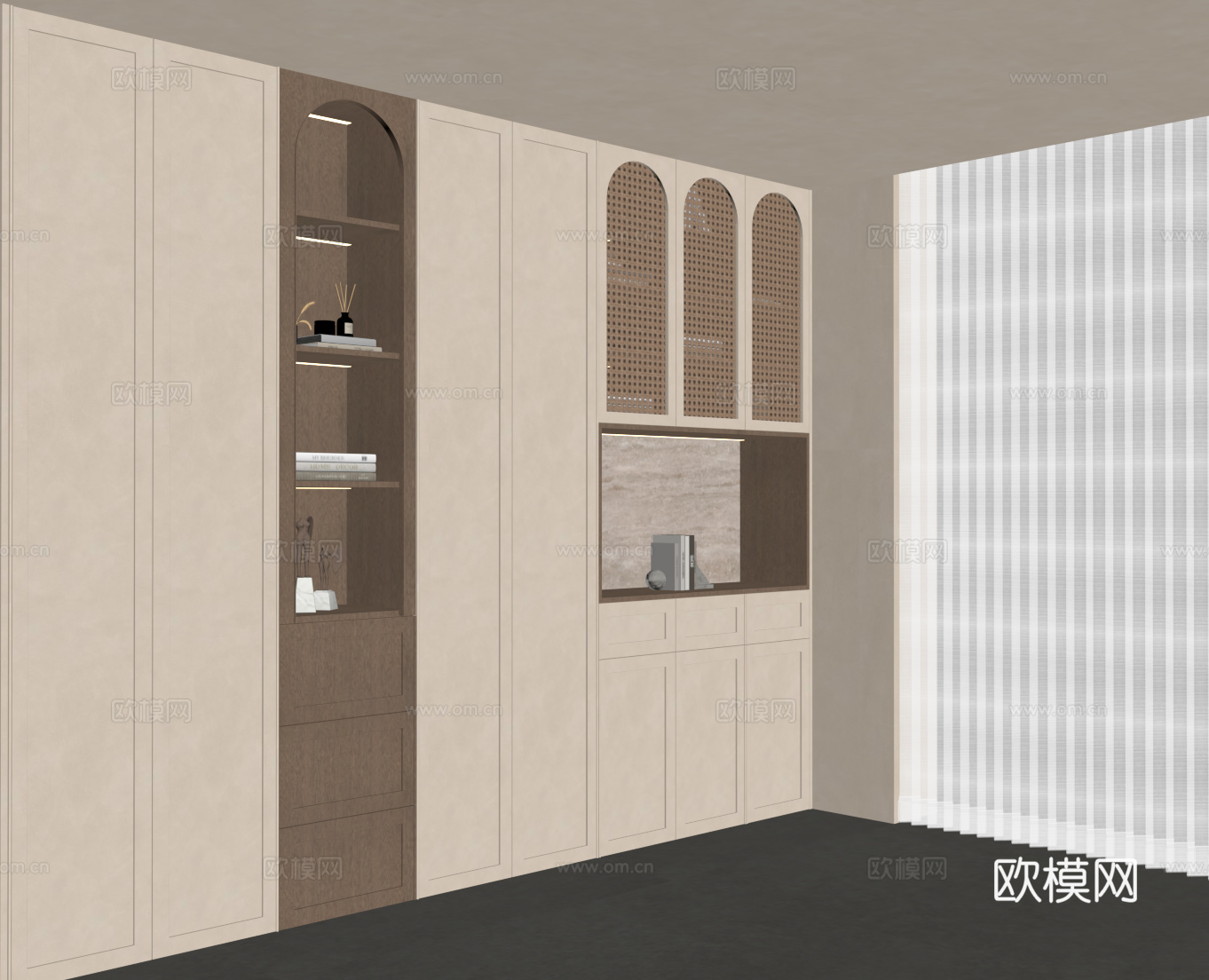 中古风书柜 书桌椅 侘寂风书柜su模型