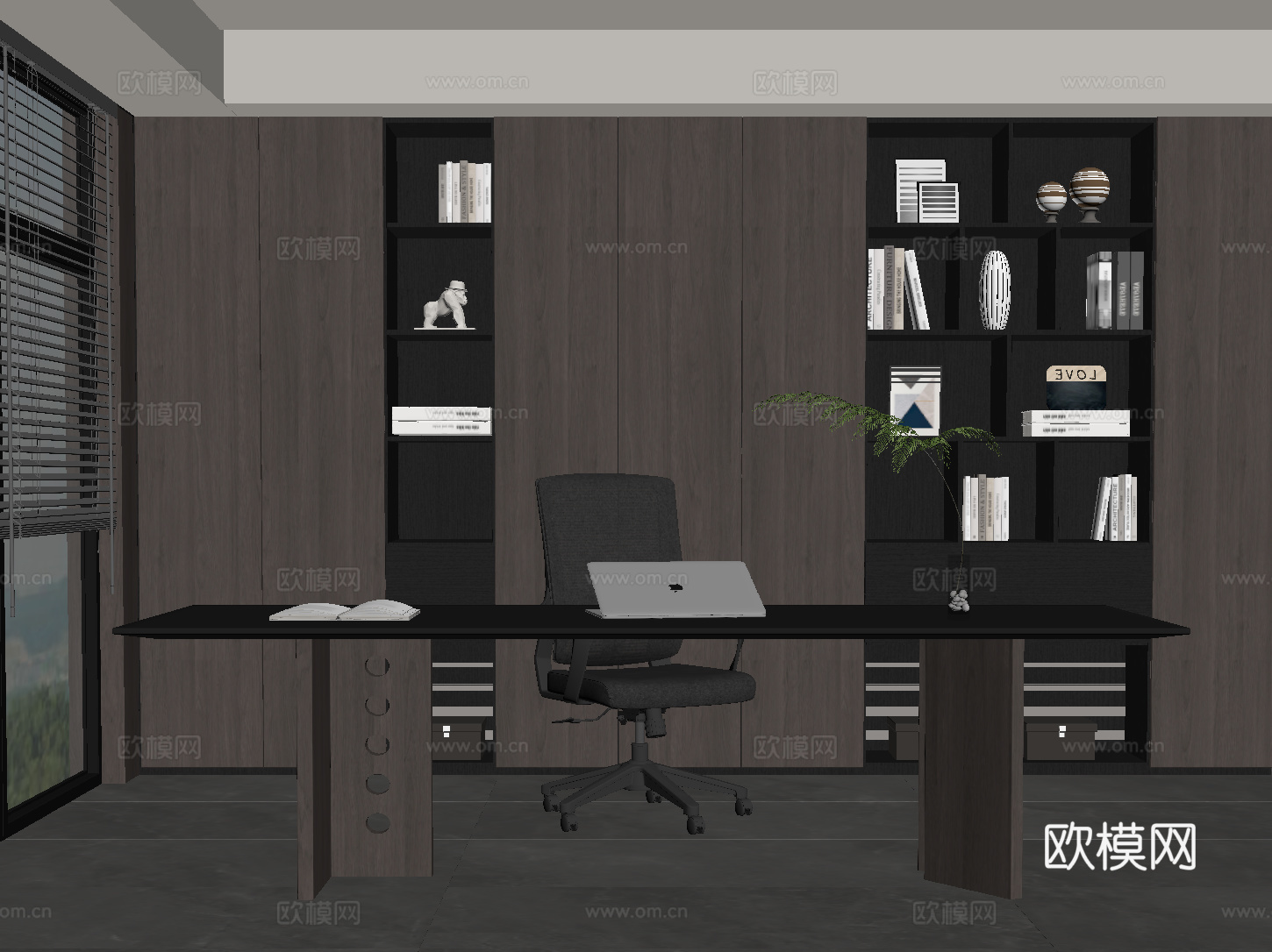 现代意式书房 书桌椅 书柜su模型
