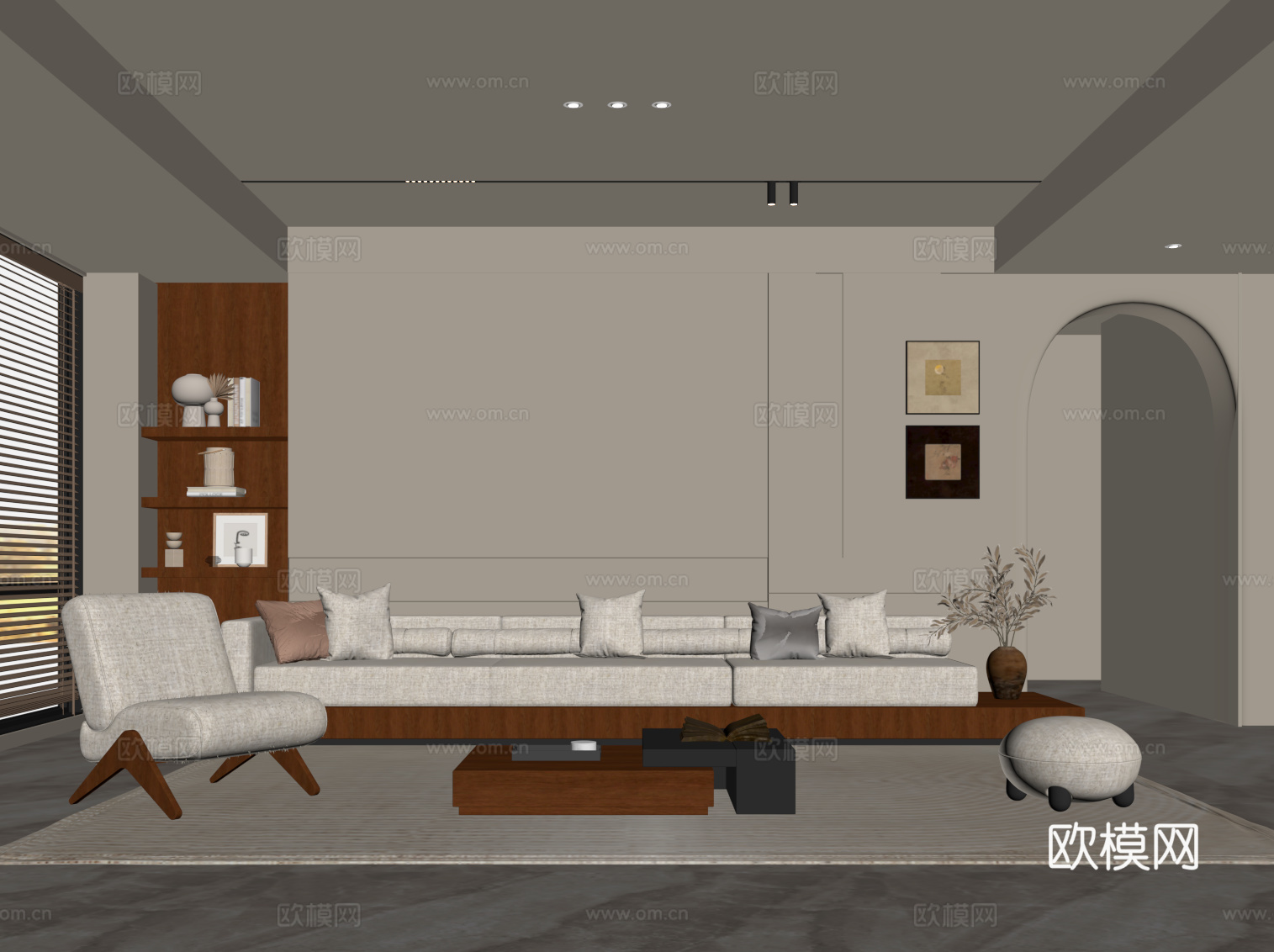 现代中古风客厅 背景墙 沙发茶几组合su模型
