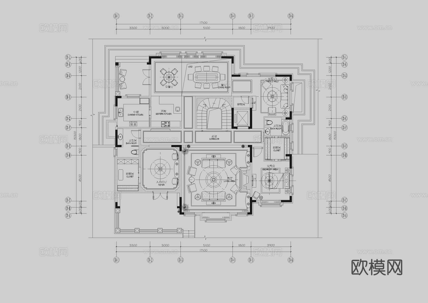 别墅豪宅大空间平面设计方案cad施工图