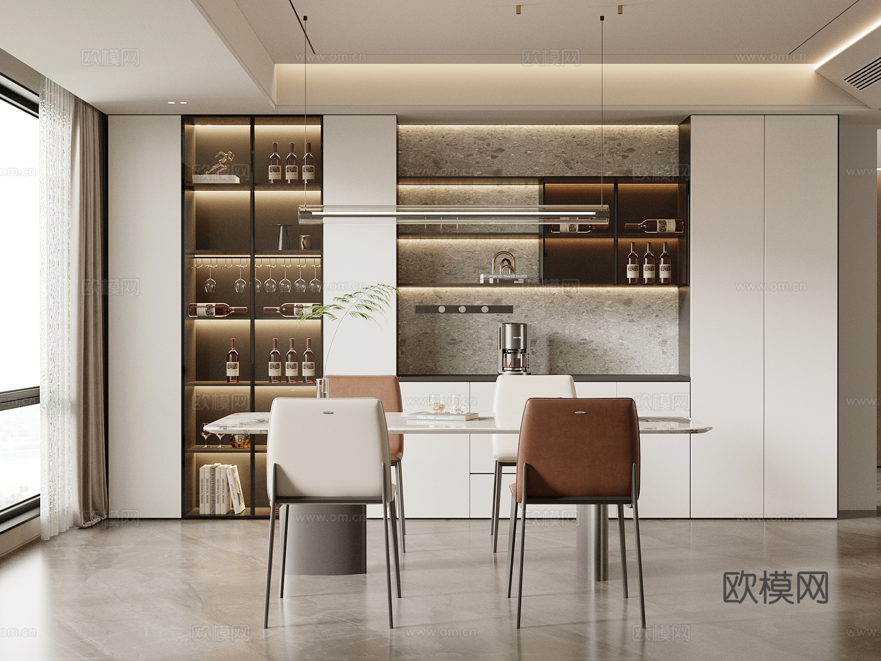 现代意式餐厅 餐边柜 餐桌椅su模型
