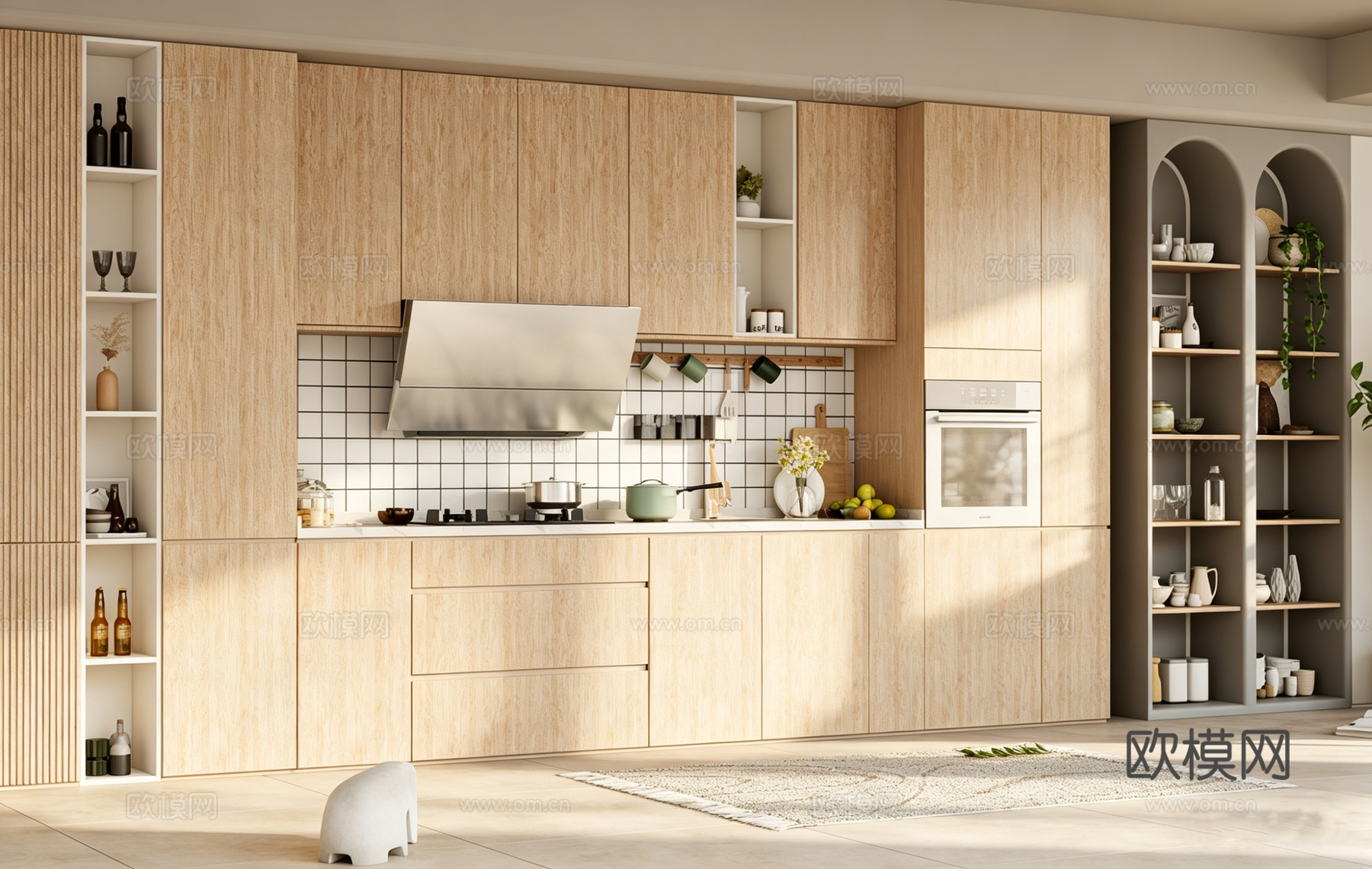 现代简约浅木色温馨厨房 橱柜拱形架 方格砖厨具软装 厨房设计su模型