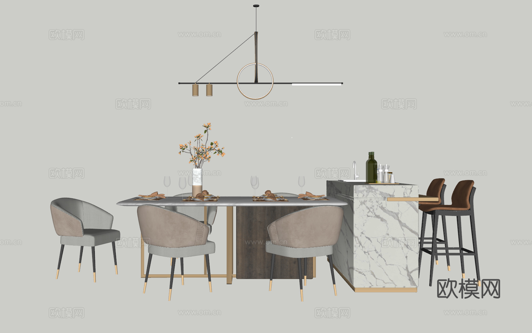 现代岛台餐桌su模型