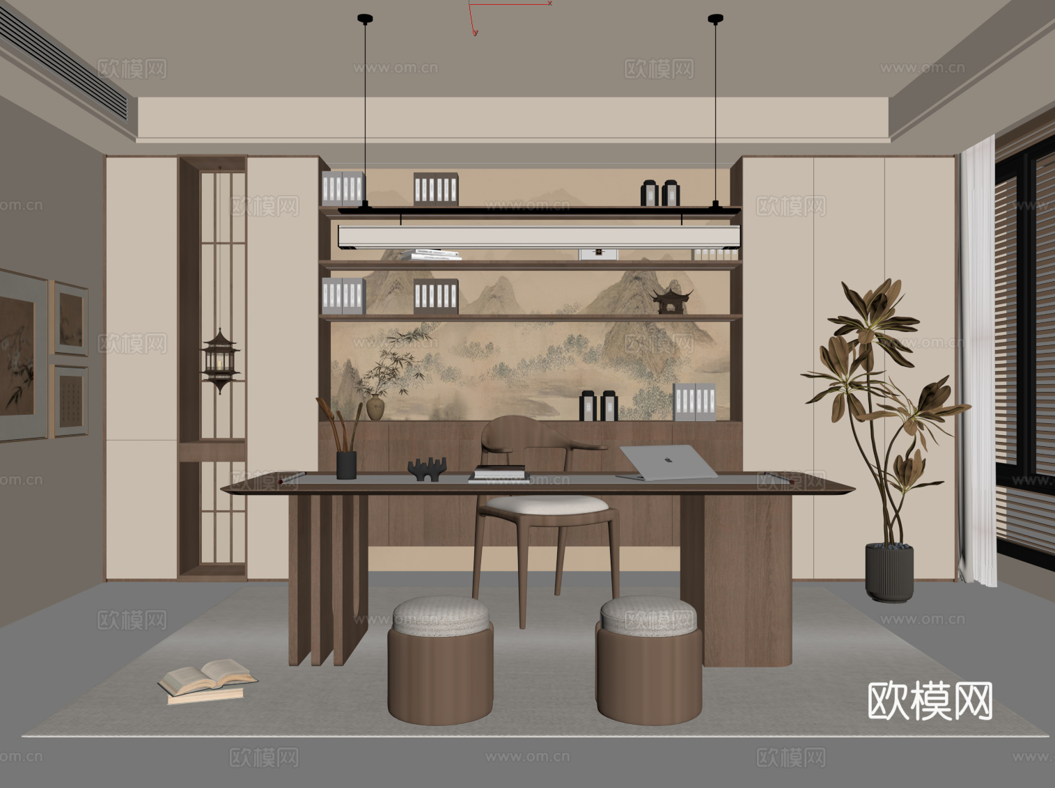 新中式书房su模型