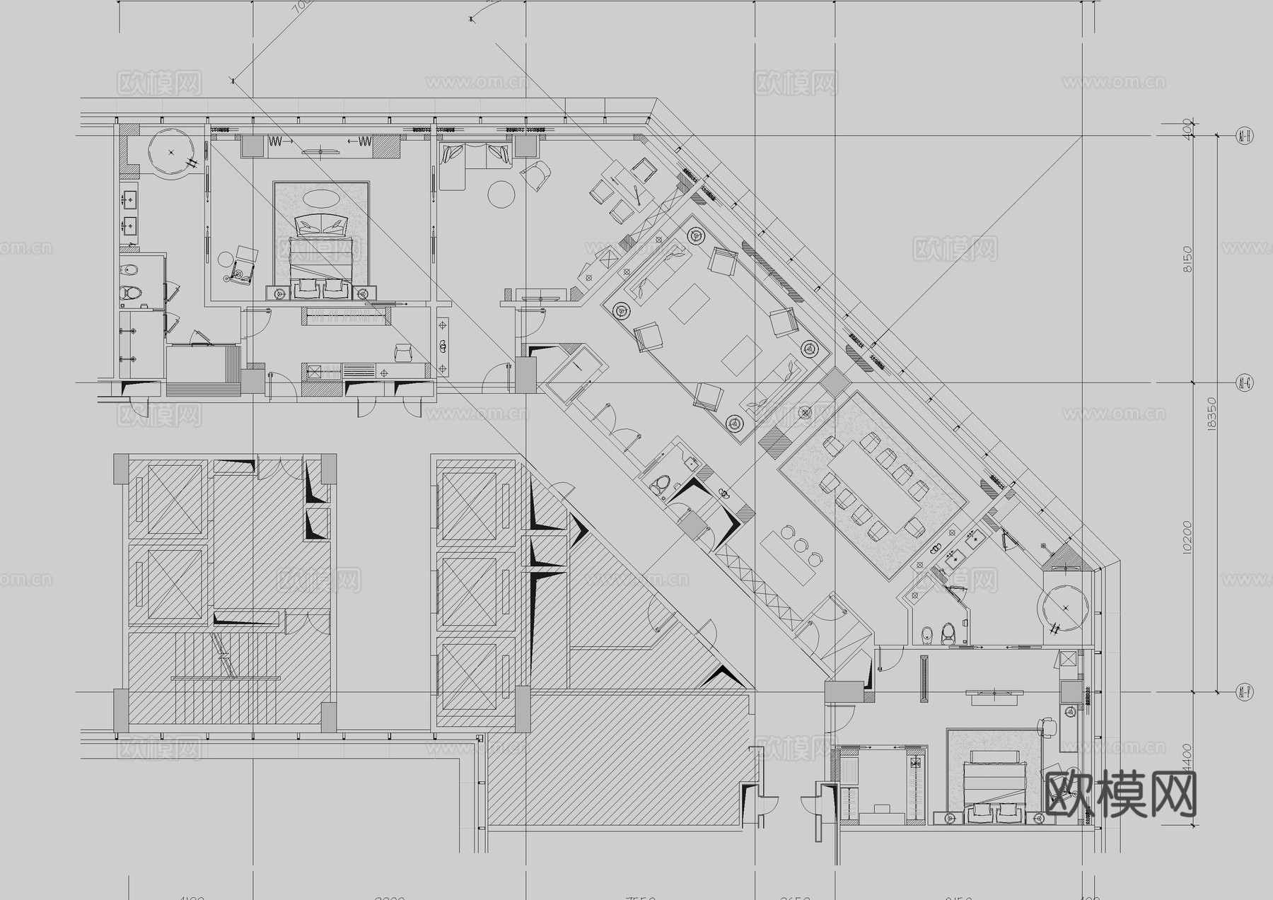 广州万达希尔顿总统套房cad施工图