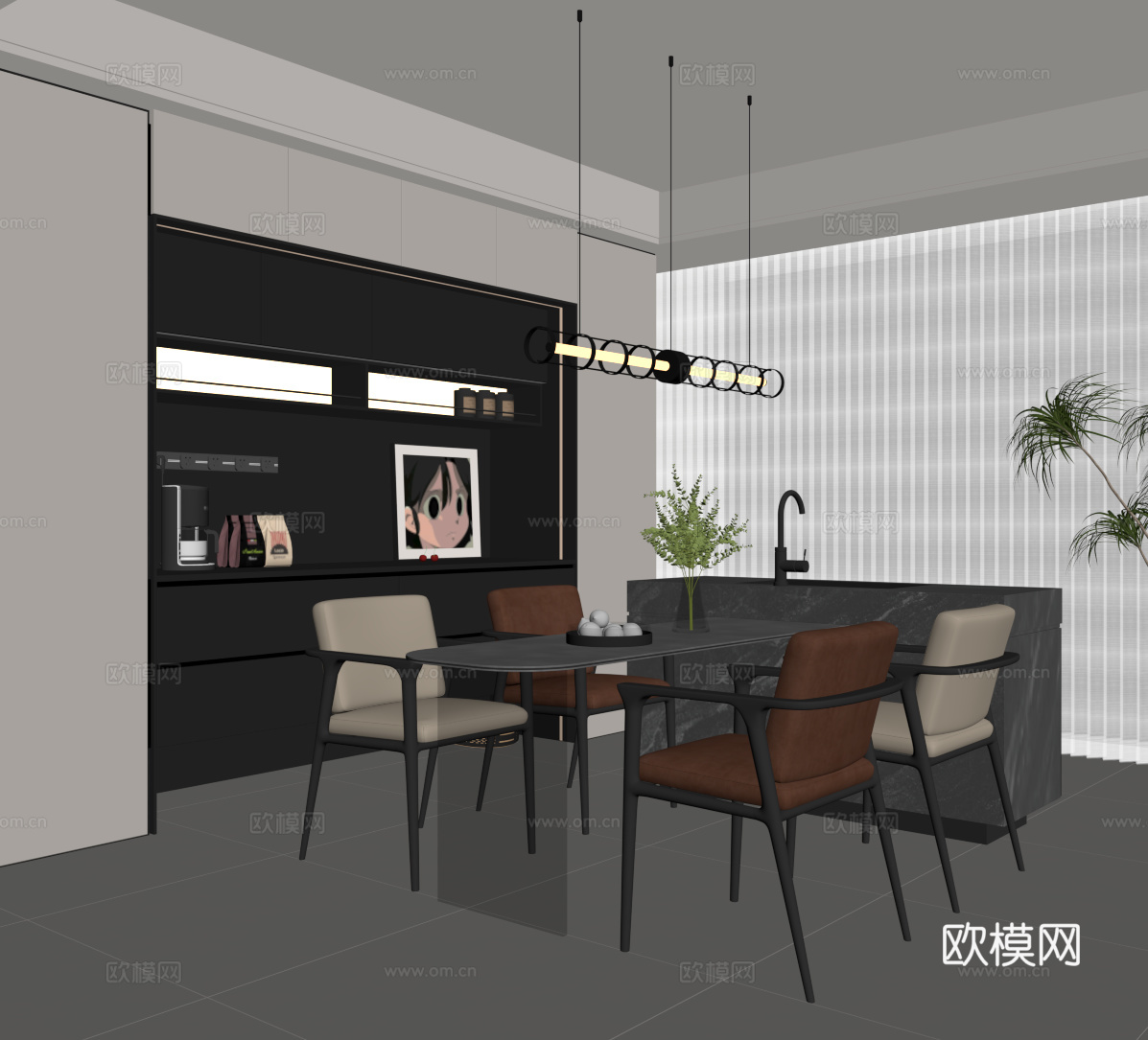 现代意式餐厅 餐桌椅 餐边柜su模型