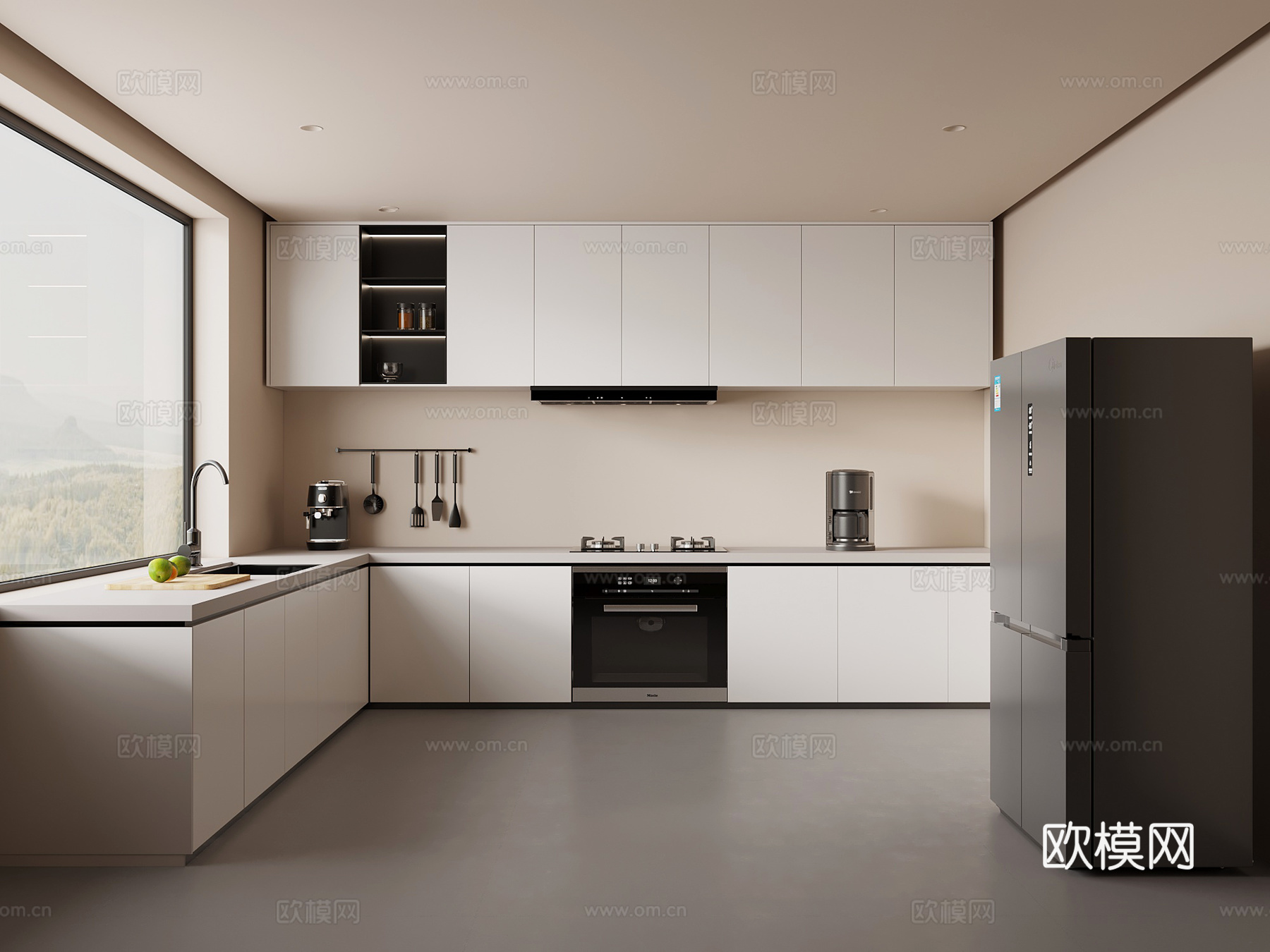 现代意式厨房 橱柜 冰箱su模型