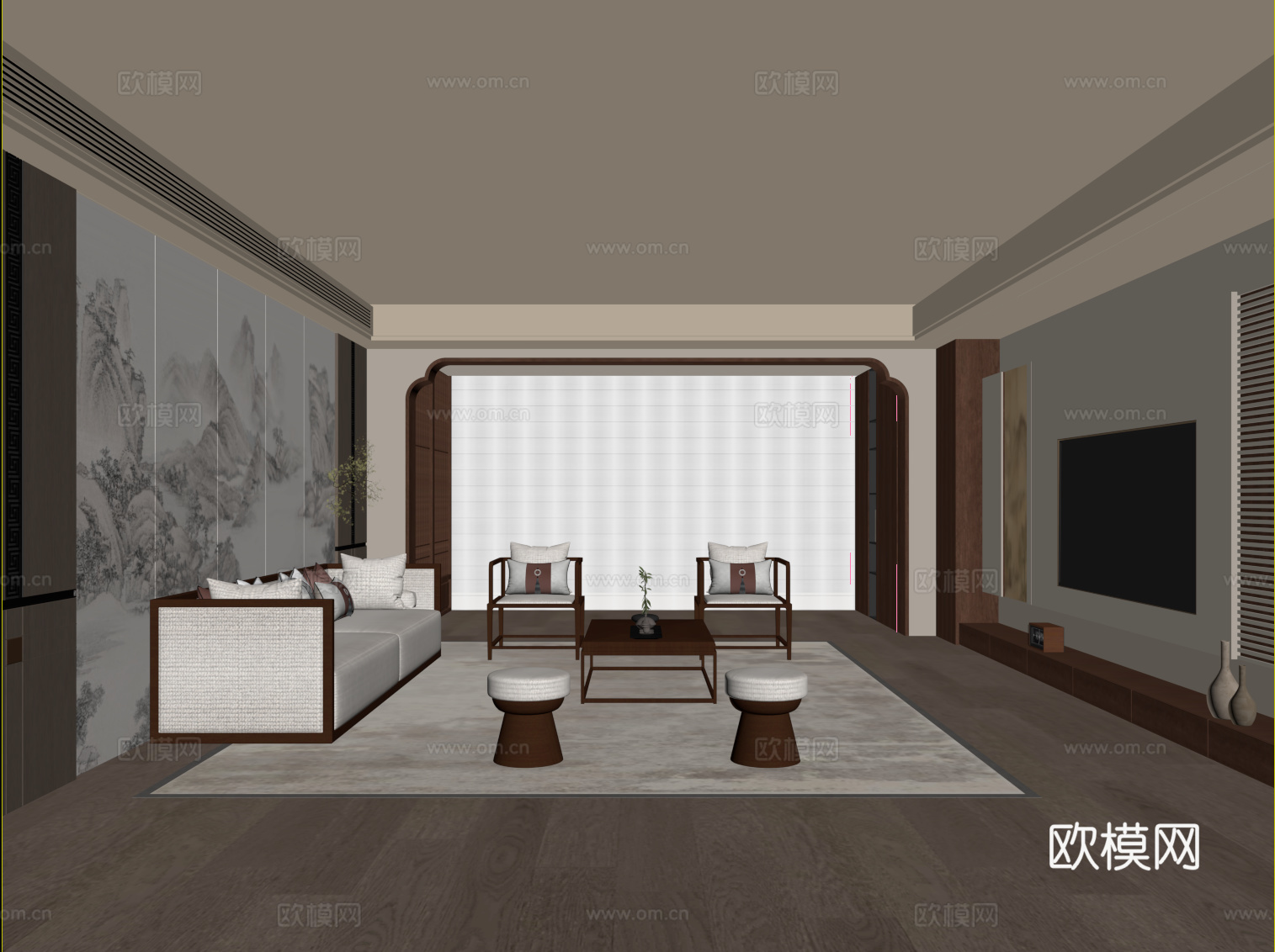 新中式宋式餐厅 沙发茶几组合 电视背景墙su模型