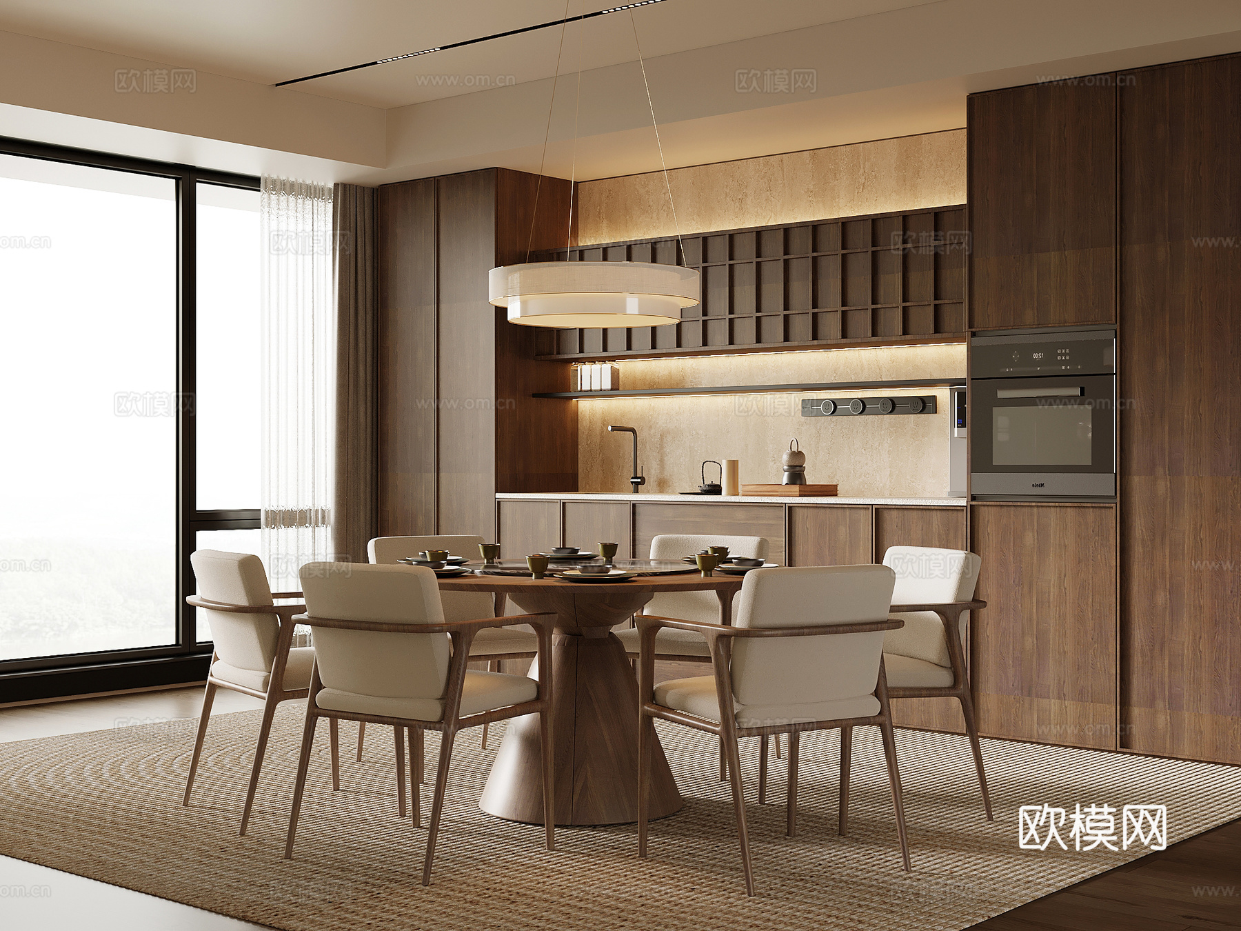 新中式餐厅 餐桌椅 餐柜su模型