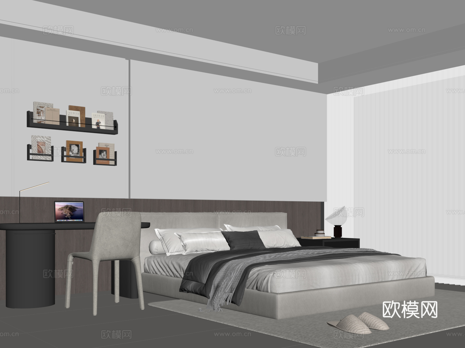 现代极简卧室 双人床 背景墙 书桌椅su模型