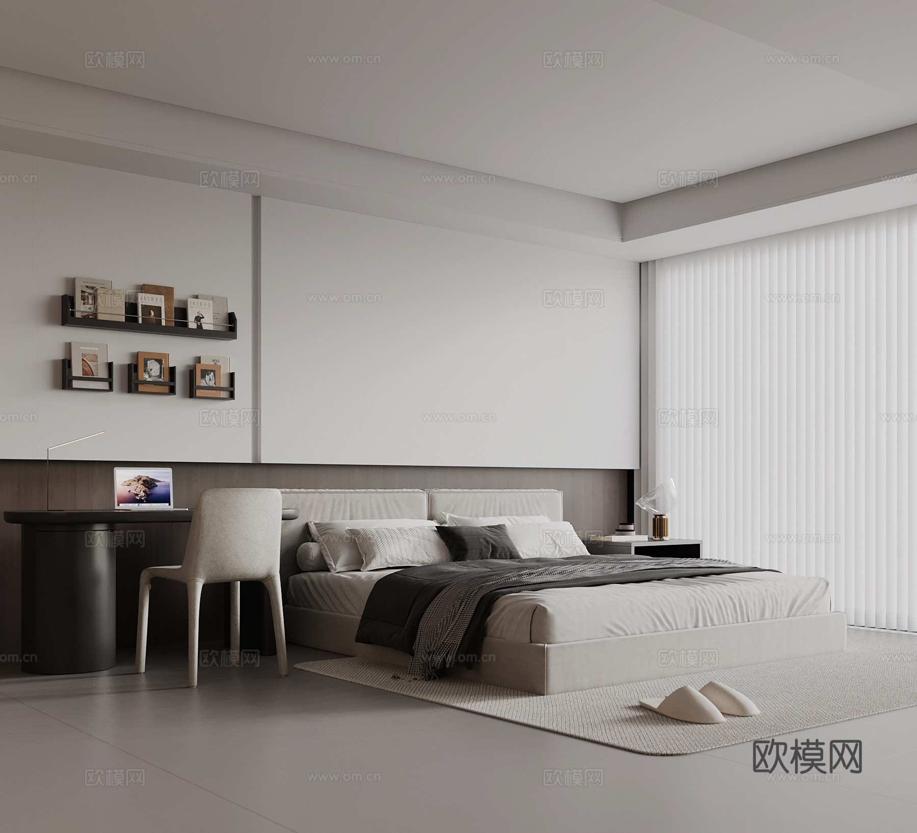 现代极简卧室 双人床 背景墙 书桌椅su模型