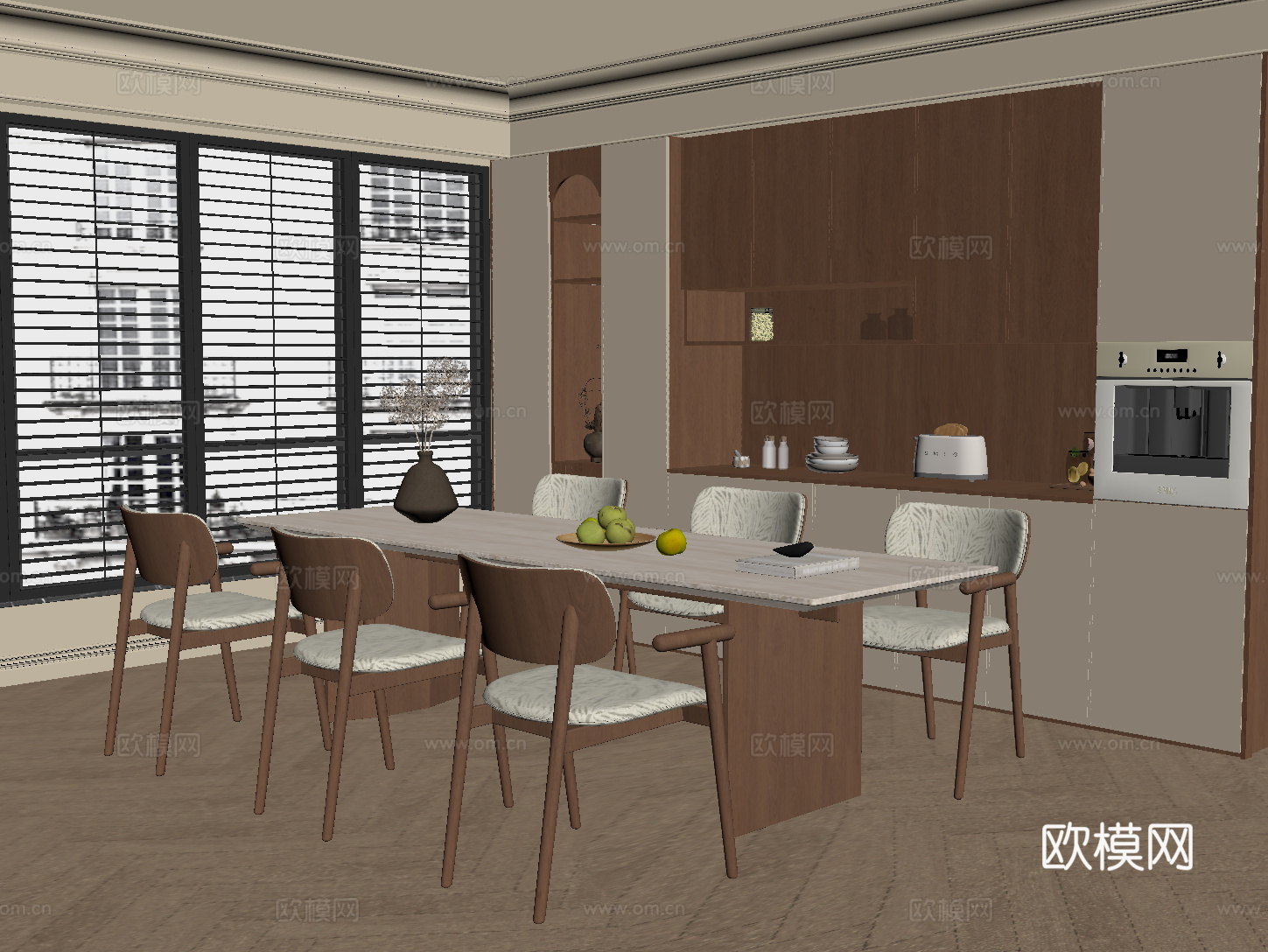侘寂中古风餐厅 餐桌椅 餐边柜su模型