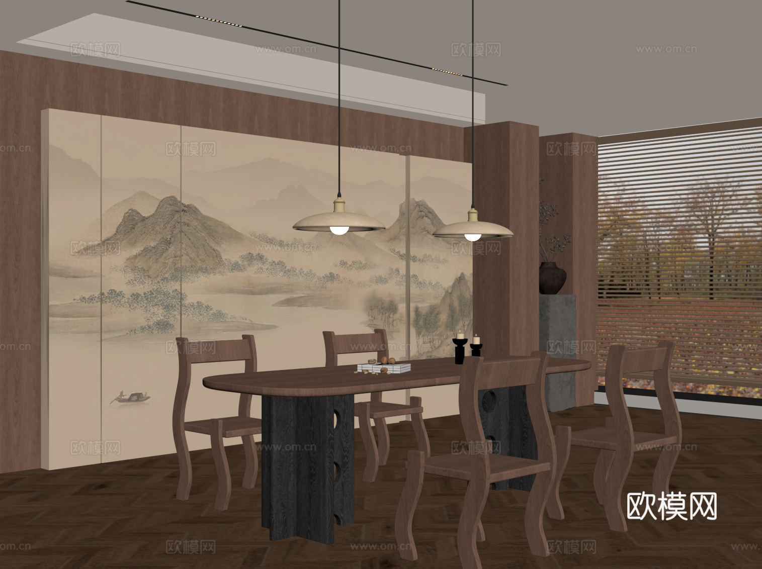 现代中古风餐厅 餐桌椅 背景墙su模型
