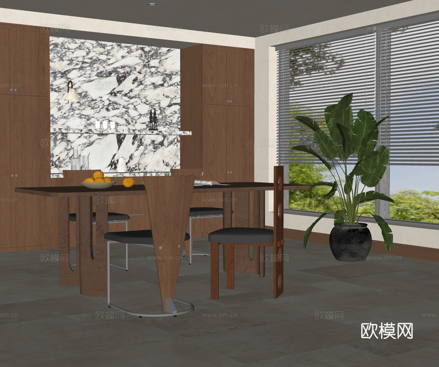 现代中古风餐厅 餐桌椅组合 长形餐桌椅 中古风餐椅 盆栽 单su模型