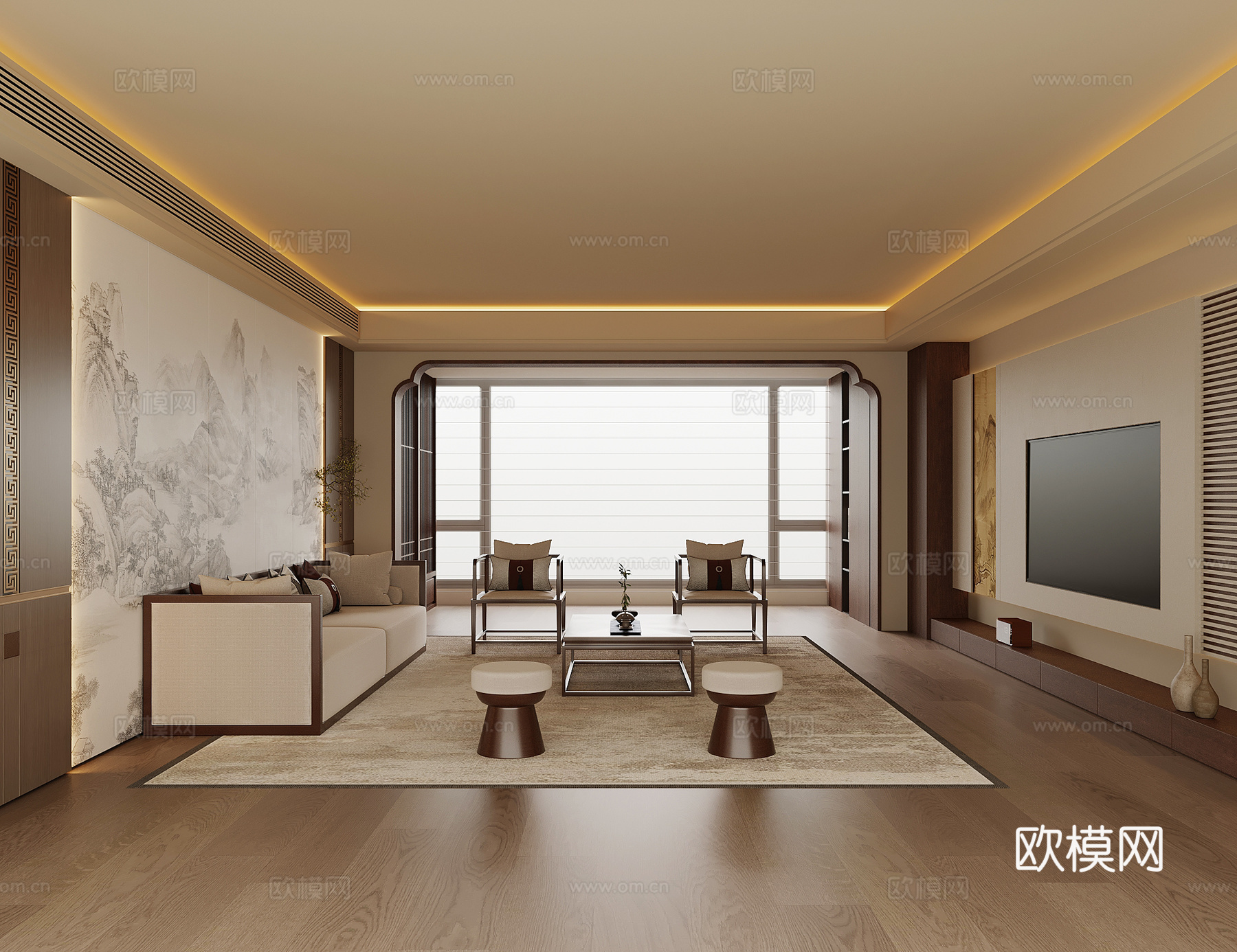 新中式宋式餐厅 沙发茶几组合 电视背景墙su模型