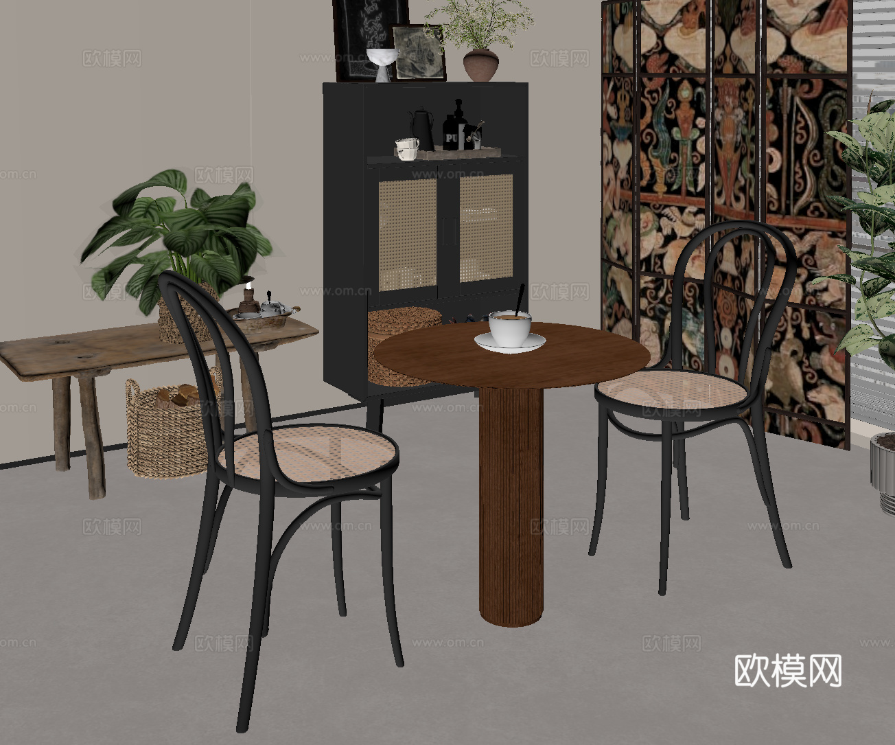 法式复古餐厅 休闲桌椅 边柜 洽谈桌椅su模型
