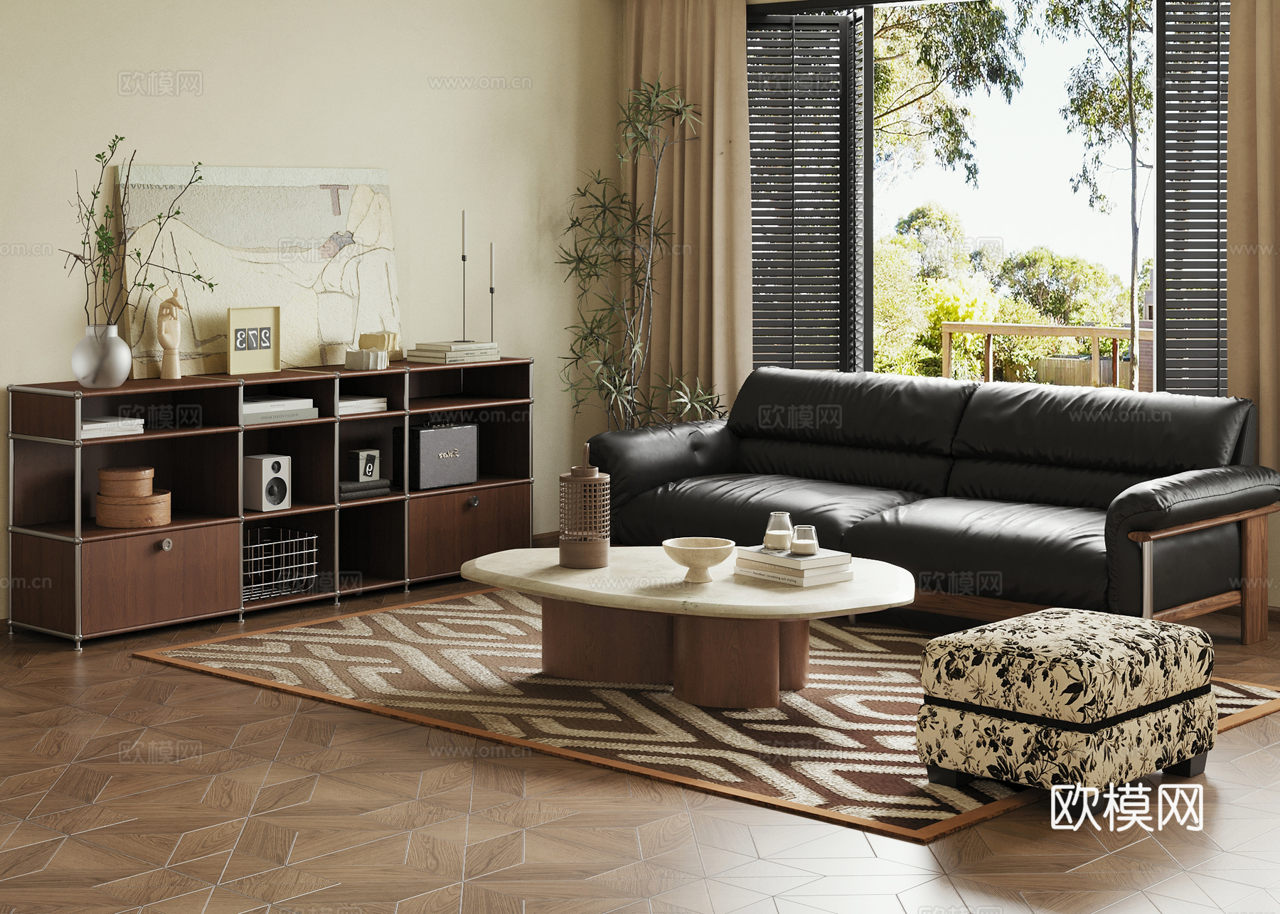 侘寂中古客厅 法式客厅 边柜 三人沙发su模型